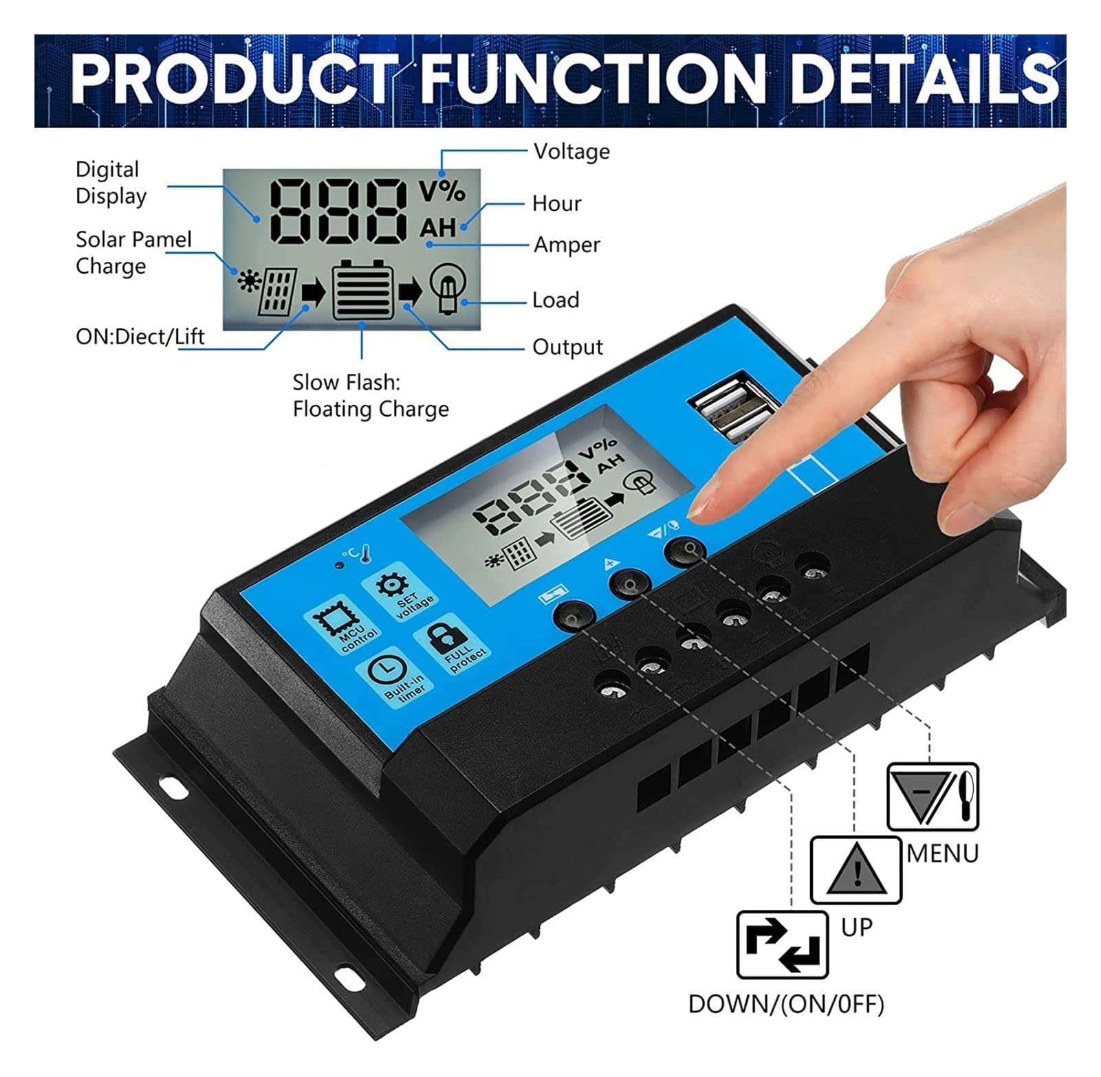 60A Solar Panel Charge Controller 12V 24V,Solar Battery Adjustable Parameter LCD Display Current Capacity and Timer Setting,Charge Controller with Dual USB Port (Blue) 6