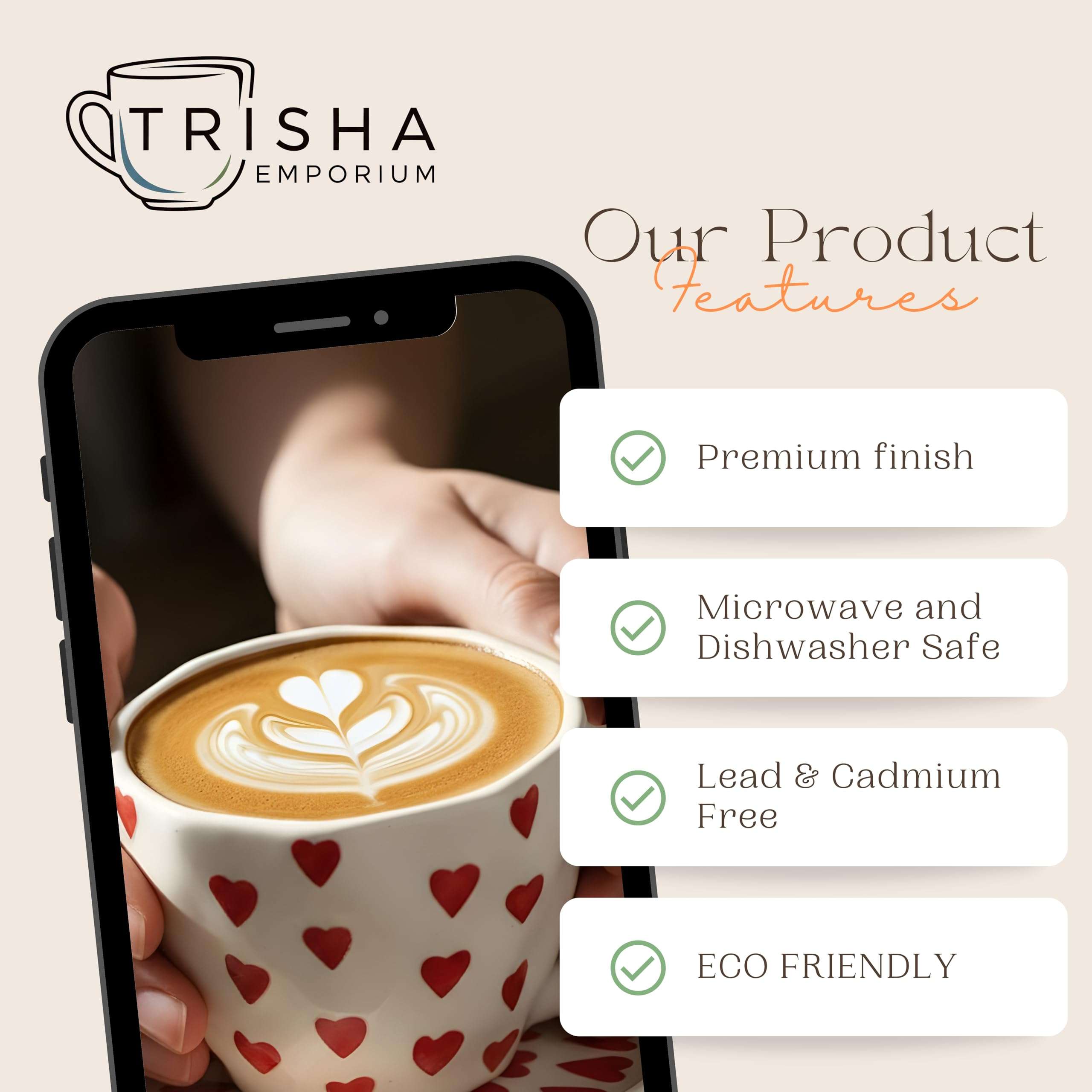 Ceramic Coffee Mug with Red Hearts Pattern, White (Standard, 2, Count) | Aesthetic Tea Cup | Cups Ceramic Heart, 250 Ml | Coffee Cups & Mugs 5