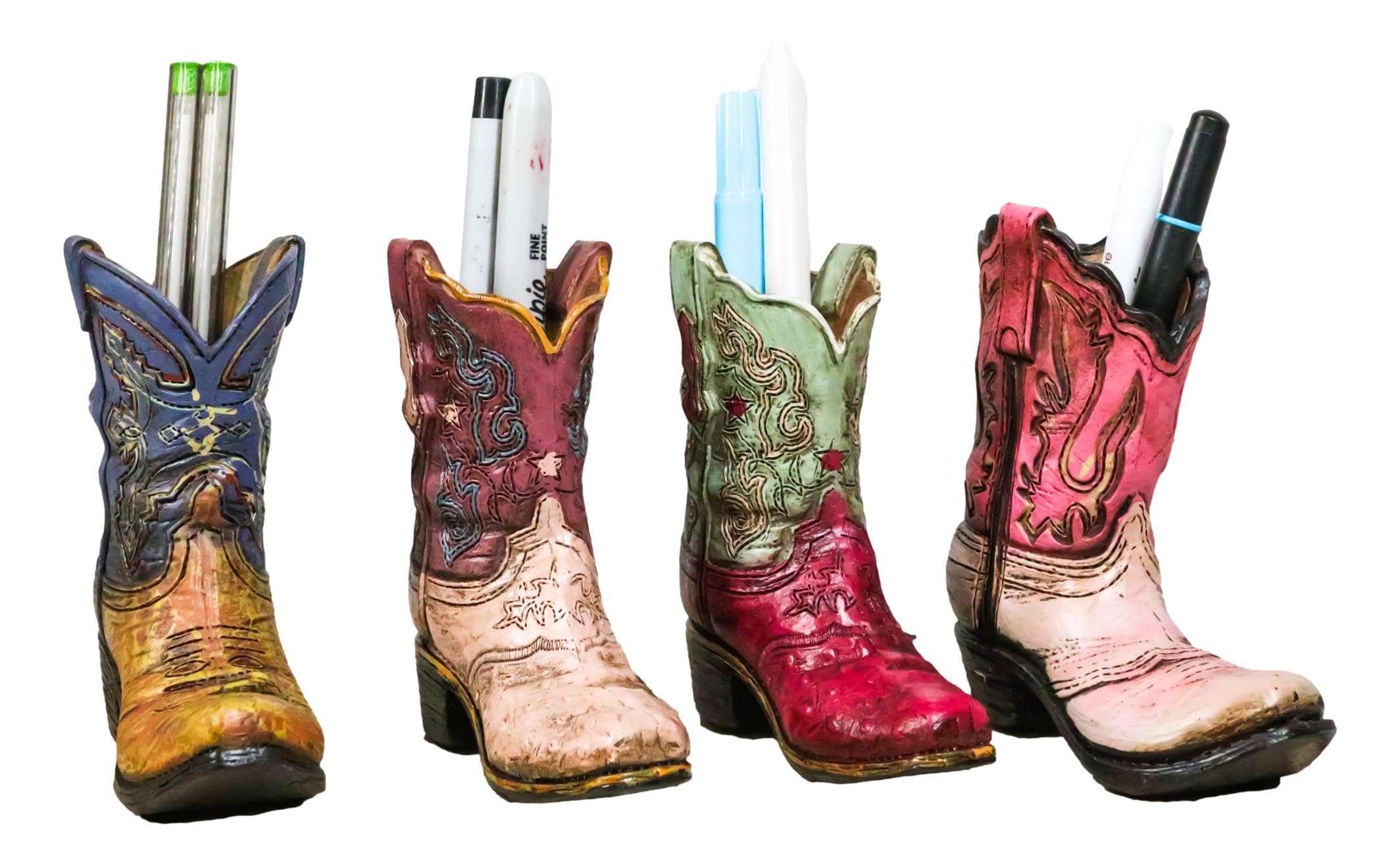 Ebros Gift Pack of 4 Rustic Western Fancy Cowboy Cowgirl Boots in Faux Tooled Patterns Leather Finish Stationery Pen Pencil Make Up Tools Organizer Holder Figurines 2