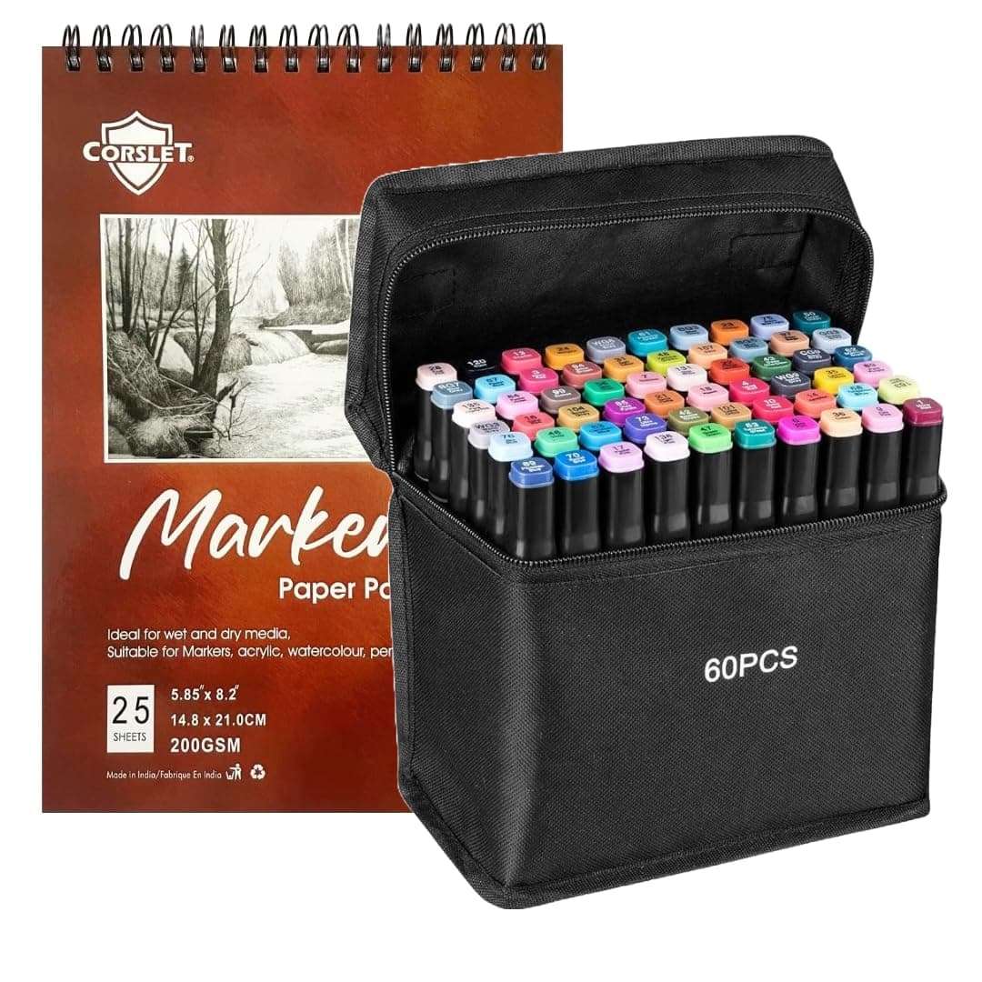Corslet 49 Pc Stationery Items - 48 Pcs Dual Tip Alcohol Markers Pens Set and 1 Pc Drawing Notebook Marker Pad Brush Pen Sketch Pens for Painting Sketching Calligraphy Drawing Marker Pen - Multicolor 1