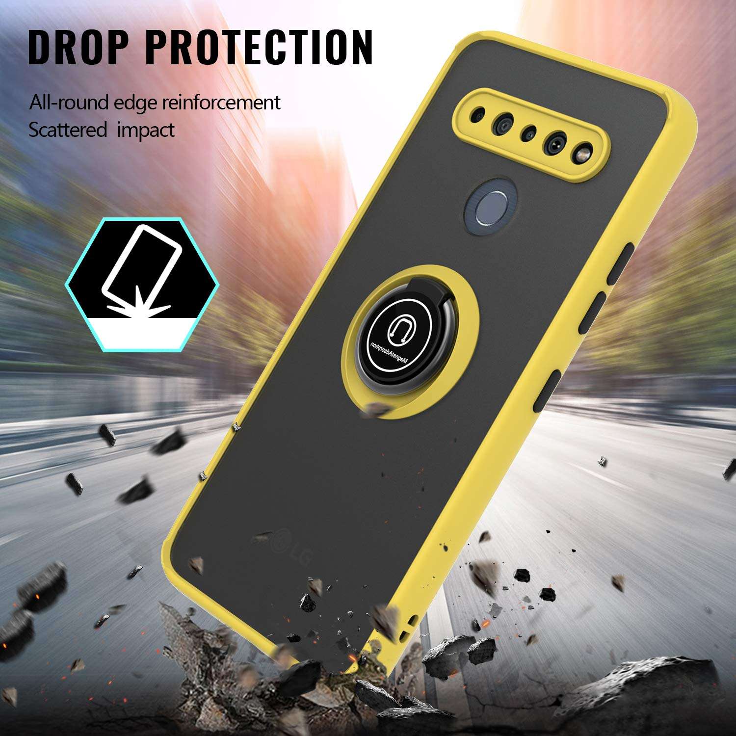 KWEICASE Cell Phone Case for LG K61, LG K61 Case with 360 Degrees Rotate Magnetic Kickstand Soft TPU Bumper Matte Clear Hard PC Dropproof Shockproof Protective Cover Case, Yellow 4