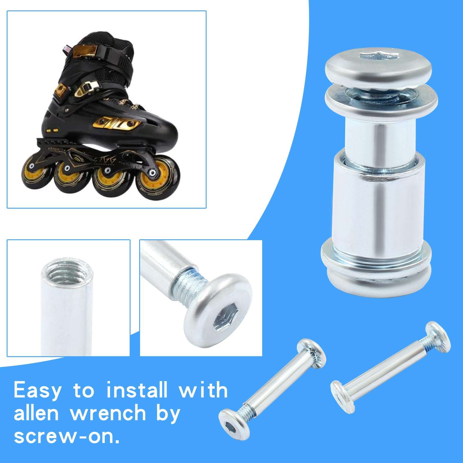 Luomorgo 36 Pcs/1 Set Inline Skate Wheel Axle Spacer Screw, 6mm/15/64" OD Shaft Hex Socket Screw Axles for Roller Skate with M4 Allen Wrench 6