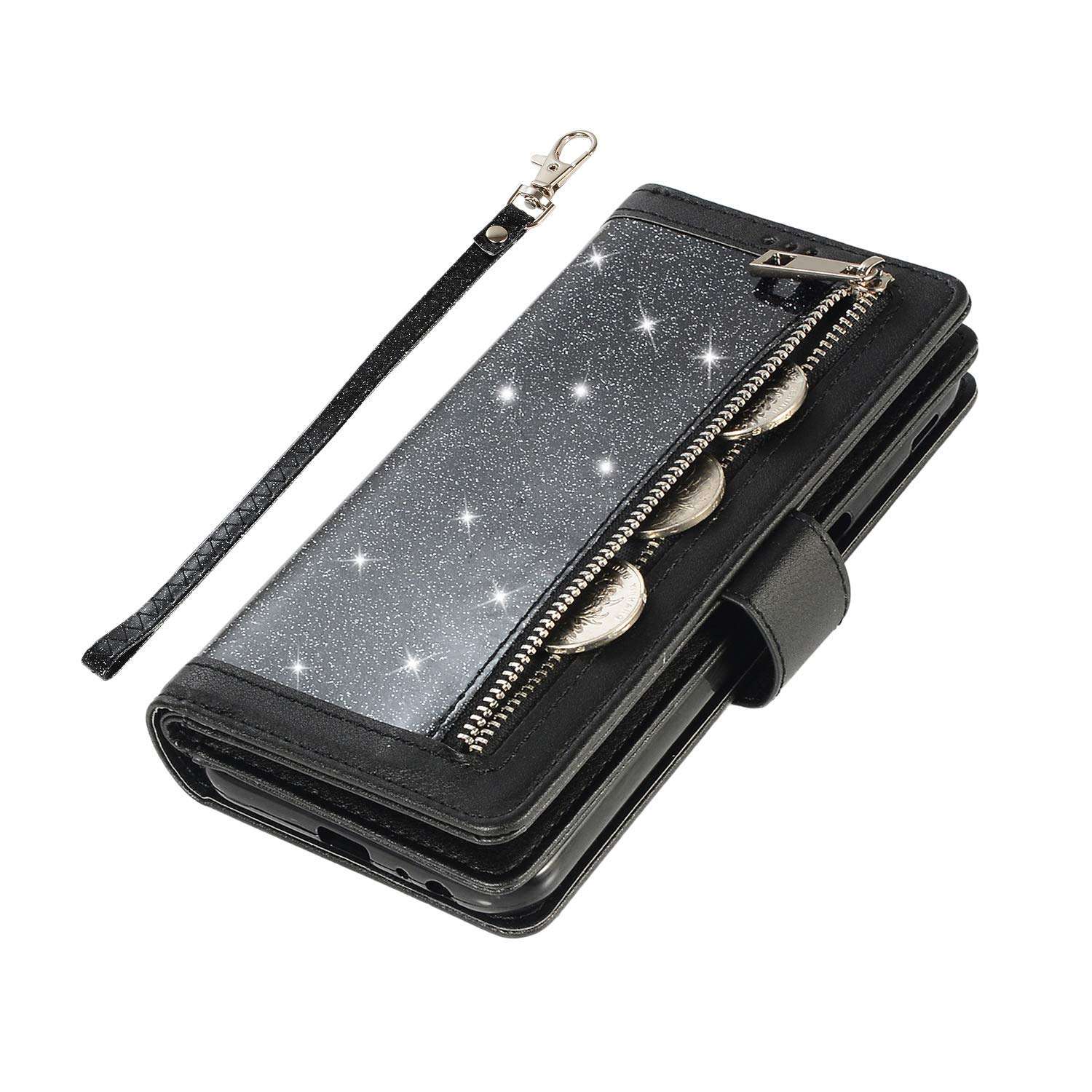 Samsung Galaxy j6 2018 Case Wallet Flip Bling Glitter 9 Card Holder PU Leather Wallet Slot Flip Protective Cover with Pocket with Zipper (Black) 4