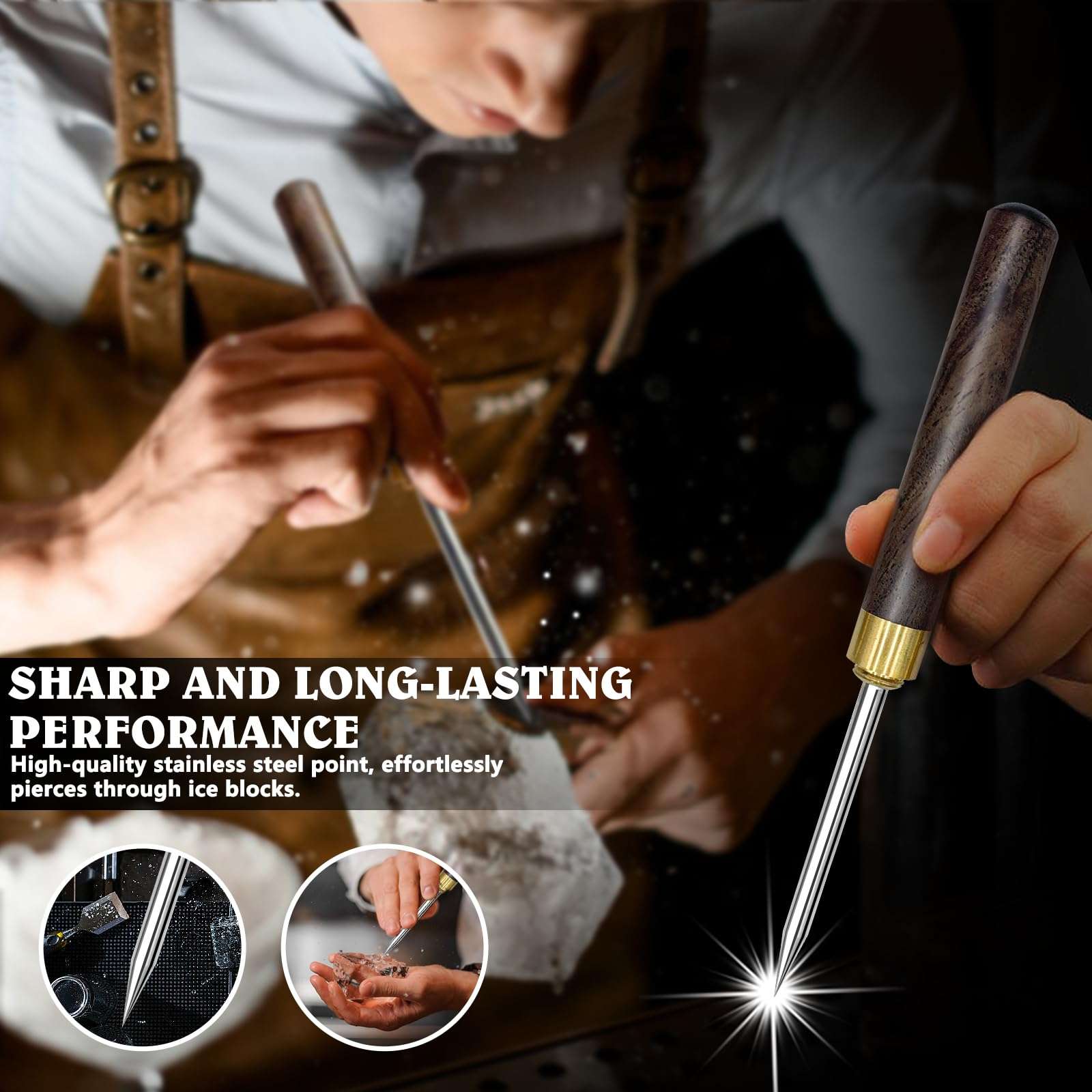 FJCTER 2 Pack Ice Pick for Breaking Ice, 6.8" Stainless Steel Ice Picks with Ebony Wooden Handle and Safety Cap, Multi-Purpose Ice Picks for Bars, Kitchens, Camping, Bartenders 5