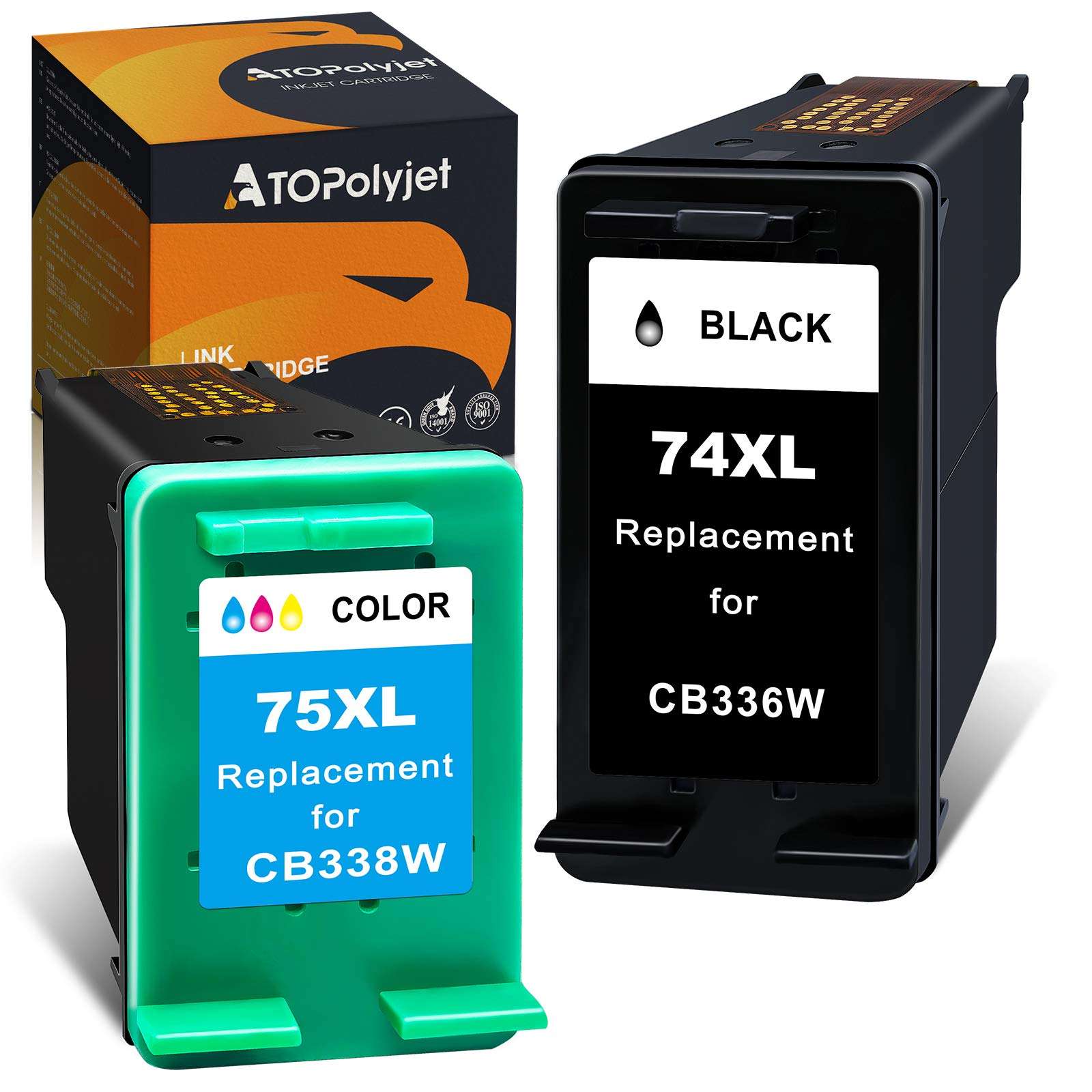 ATOPolyjet Remanufactured Cartridge Replacement for HP 74XL 75XL Ink (1 Black, 1 Color) for PhotoSmart C4280 C5280 C4480 C4250 C5550 C4440 C4200 DeskJet D4260 D4360 OfficeJet J5740 J5780 J6480 Printer 1