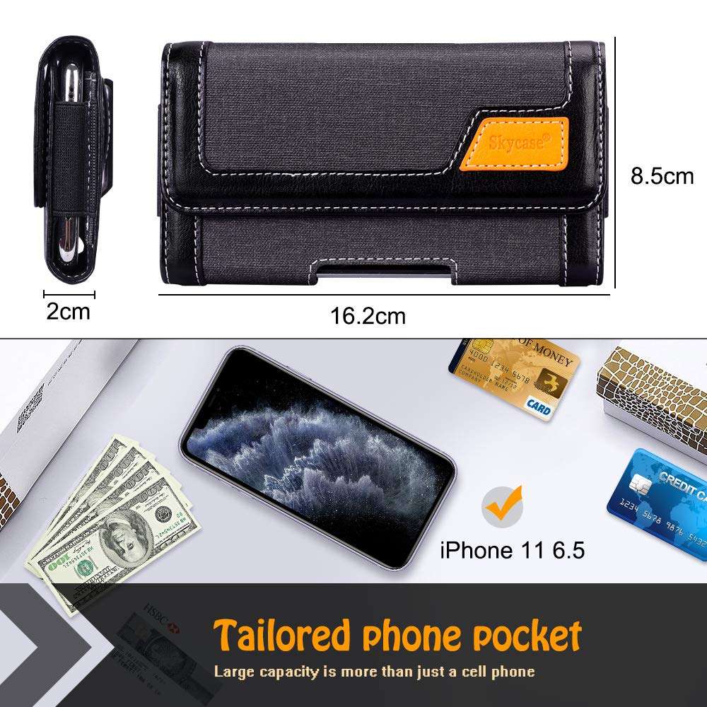 Skycase Holster Case for iPhone 11 Pro Max 6.5,Handmade PU Leather Belt Clip Pouch Wallet Phone Case for iPhone 6 6S 7 8 Galaxy S8 S6 S7 LG g6 Google Pixel 4 Pixel 3 (Fits Up to 6.5" Cellphone) Black 6