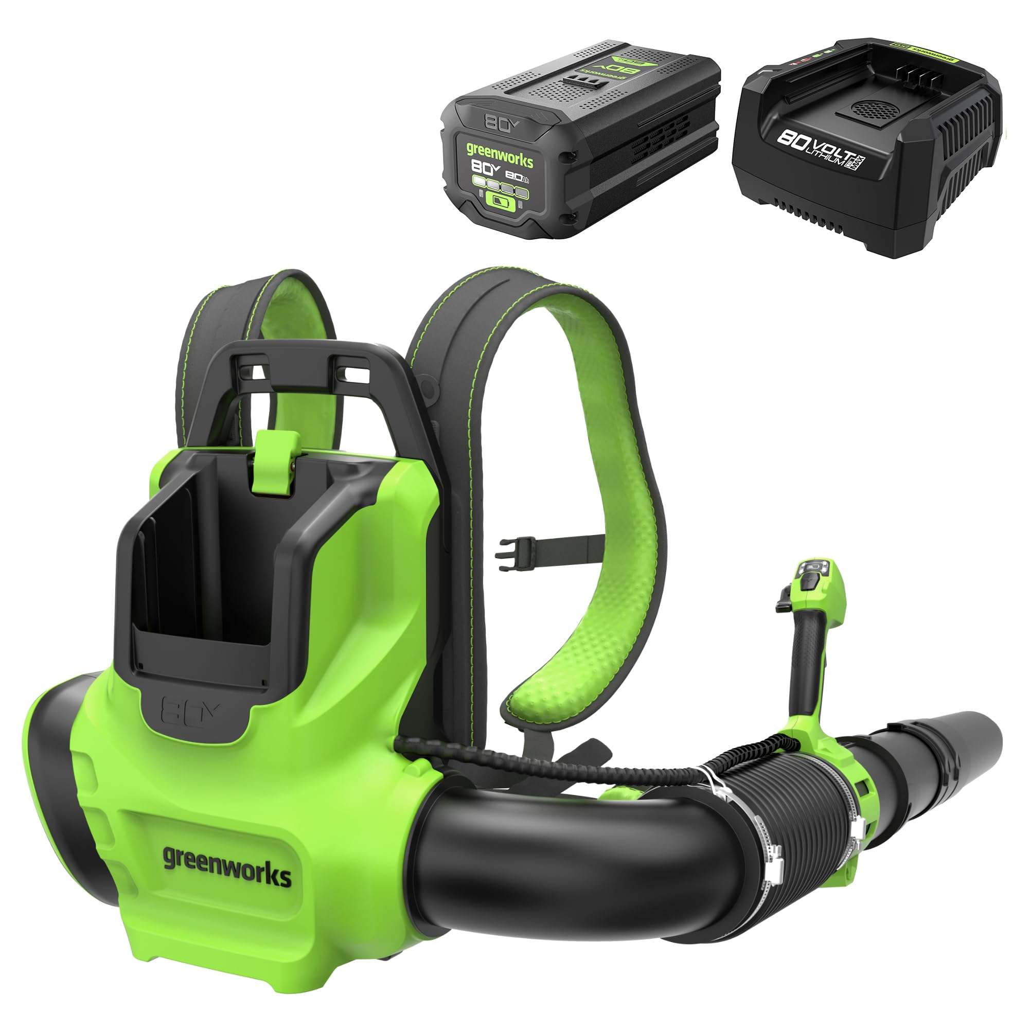 Greenworks 80V Backpack Leaf Blower - 750 CFM/180 MPH Brushless Motor, 8Ah Battery & 6A Fast Charger, Turbo Boost, 60-Min Runtime for Heavy-Duty Yard Cleanup 1