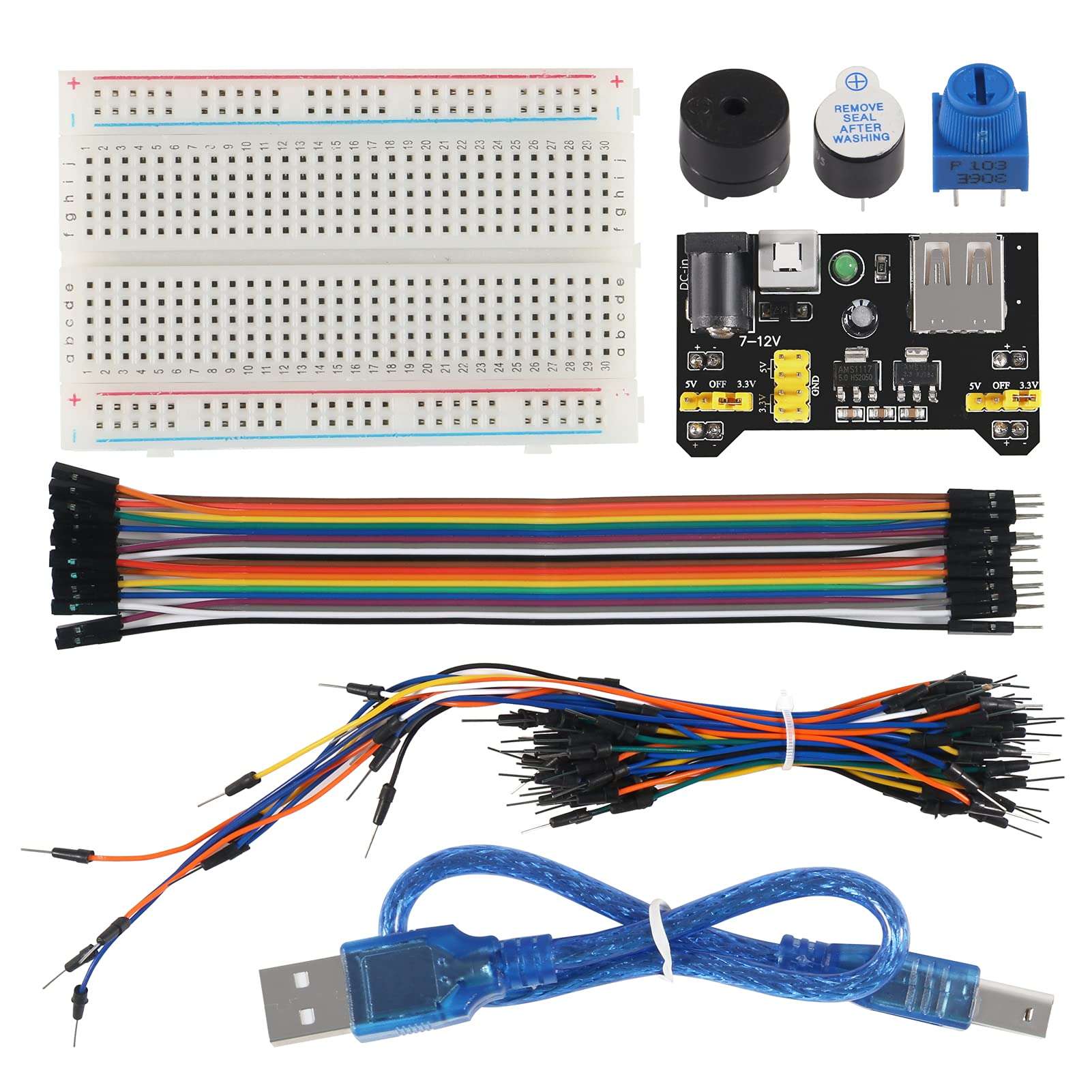 AITRIP New Electronics Basic Kit w/Power Supply Module, 400 Points Solderless Breadboard, Jumper Wire, LED,Resistor,Compatible with Arduino, Raspberry Pi, STM32 5