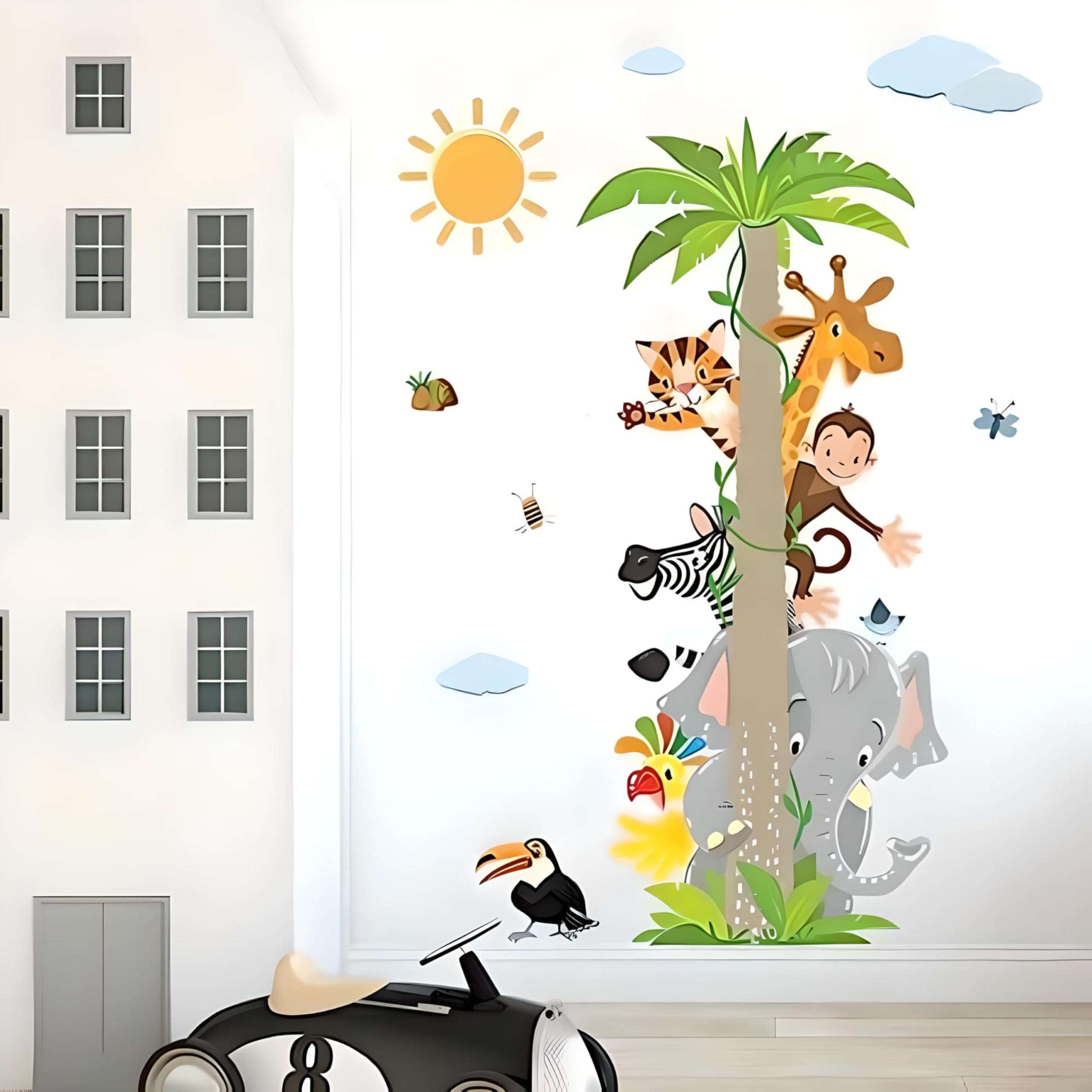JAAMSO ROYALS Coconut Tree with Jungle Animal PVC Vinyl Wall Sticker for Home Decor- Multicolor (90 CM X 30 CM)