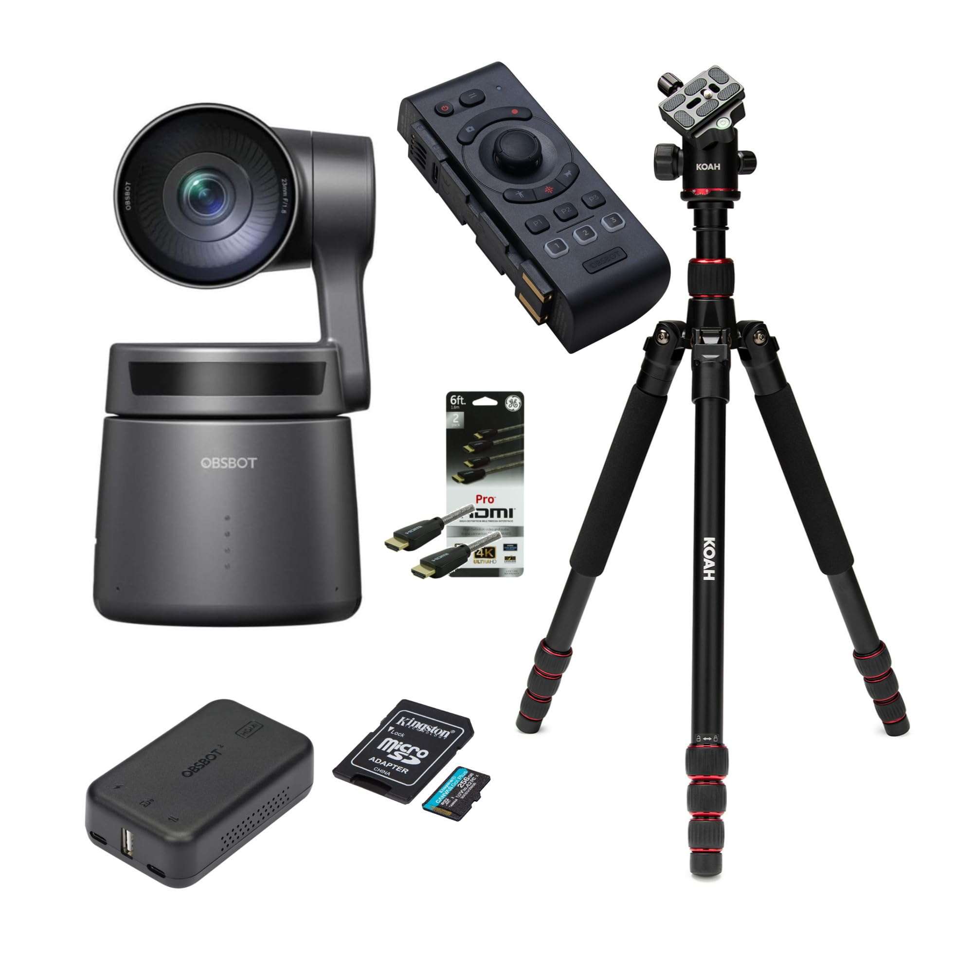 OBSBOT Tail Air AI-Powered 4K PTZ Streaming Camera Bundle (Black) with Adapter (Black), Tripod, Remote Controller (Black), 256GB Memory Card, and HDMI Cable (Silver, 2-Pack) (6 Items)