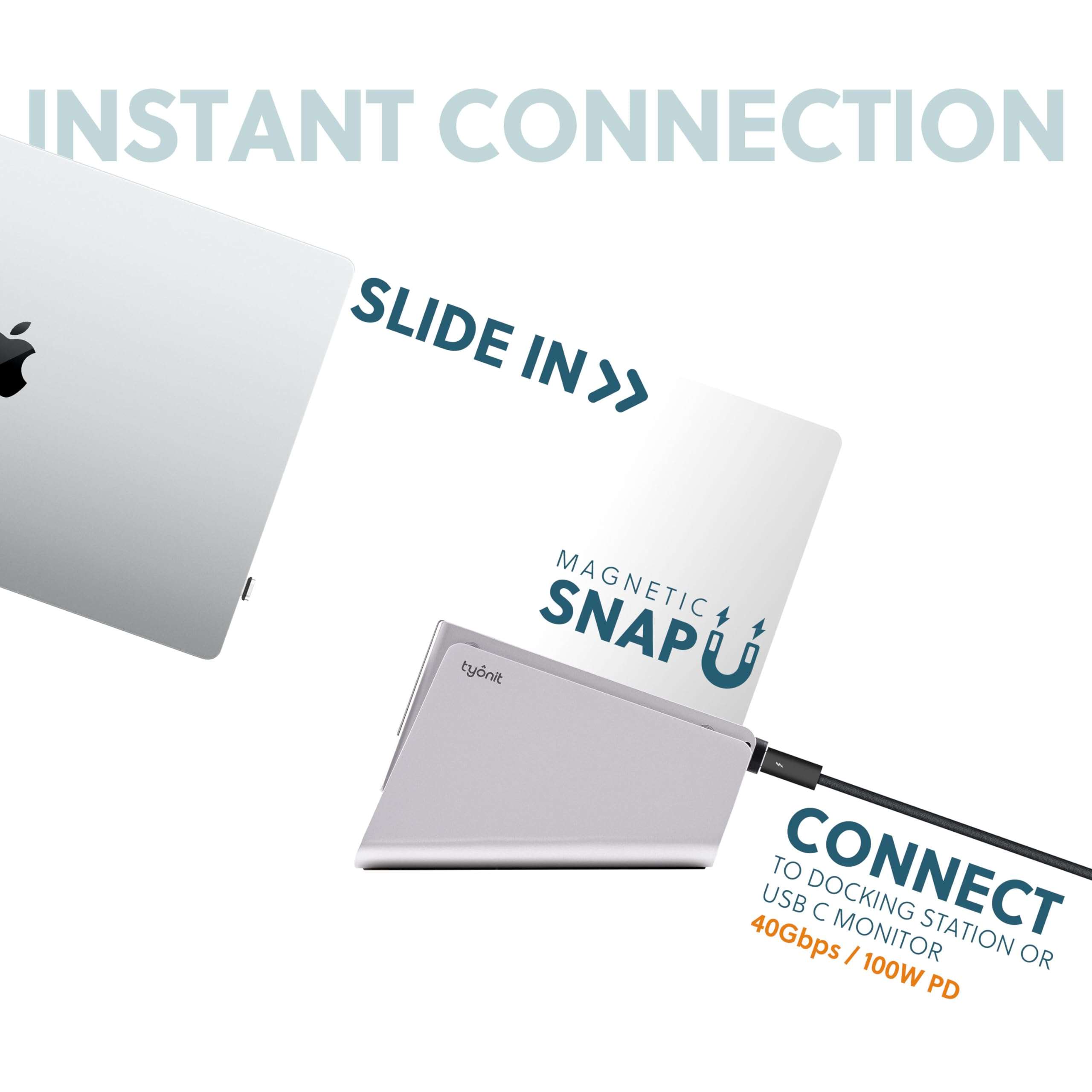 tyonit TiltSnap Vertical Laptop Stand for MacBook, Auto Thunderbolt4 USB-C Connection, Seamless Connection to The Docking Station or Display, 40Gbps, 100W PD (Silver, MacBook Pro 16" (M1/M2/M3)) 6