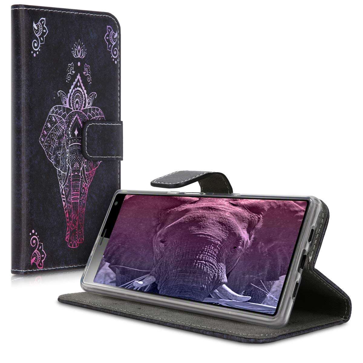 kwmobile Wallet Case Compatible with Sony Xperia 10 - Case Faux Leather Cover - Elephant Sketch Dark Pink/Anthracite 5
