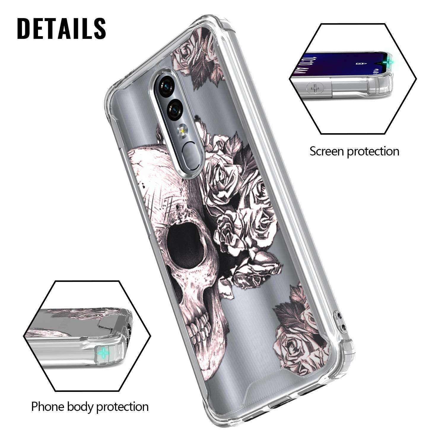 KWEICASE Cell Phone Case for Coolpad Legacy Brisa 6.5 inch, Legacy Brisa Clear Case with Skull Floral Flowers Pattern Slim Fit TPU Bumper Acrylic Cover Shockproof Protective Case for Women Girls Men 5