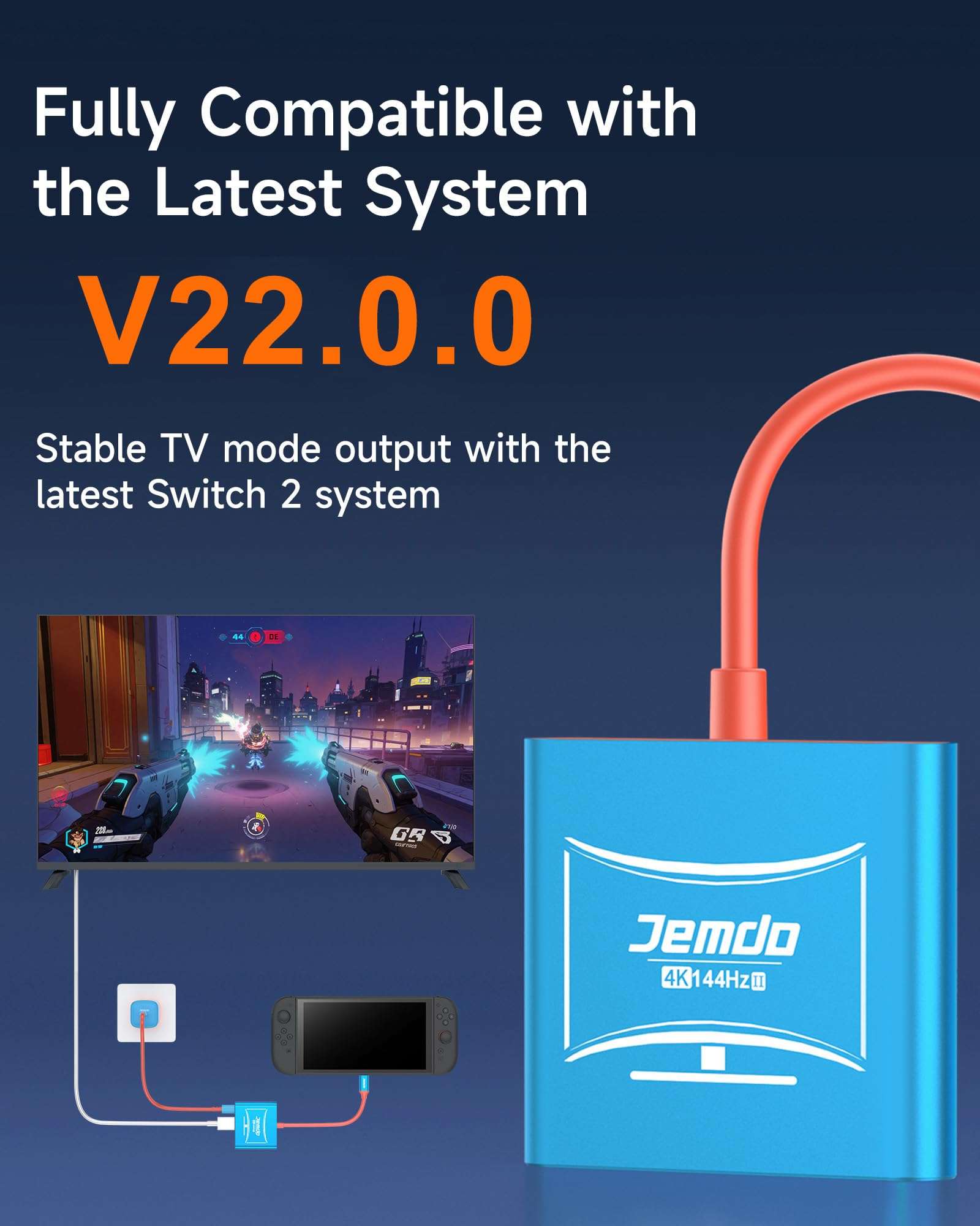 JEMDO Switch 2 Dock for TV (V22.0.0), 4K@144Hz HDR, HDMI 2.1 USB-C Adapter with 48Gbps, USB 3.2 & PD 100W Fast Charging Portable Travel Dock, Compatible with Nintendo Switch 2 / OLED / 2017 3