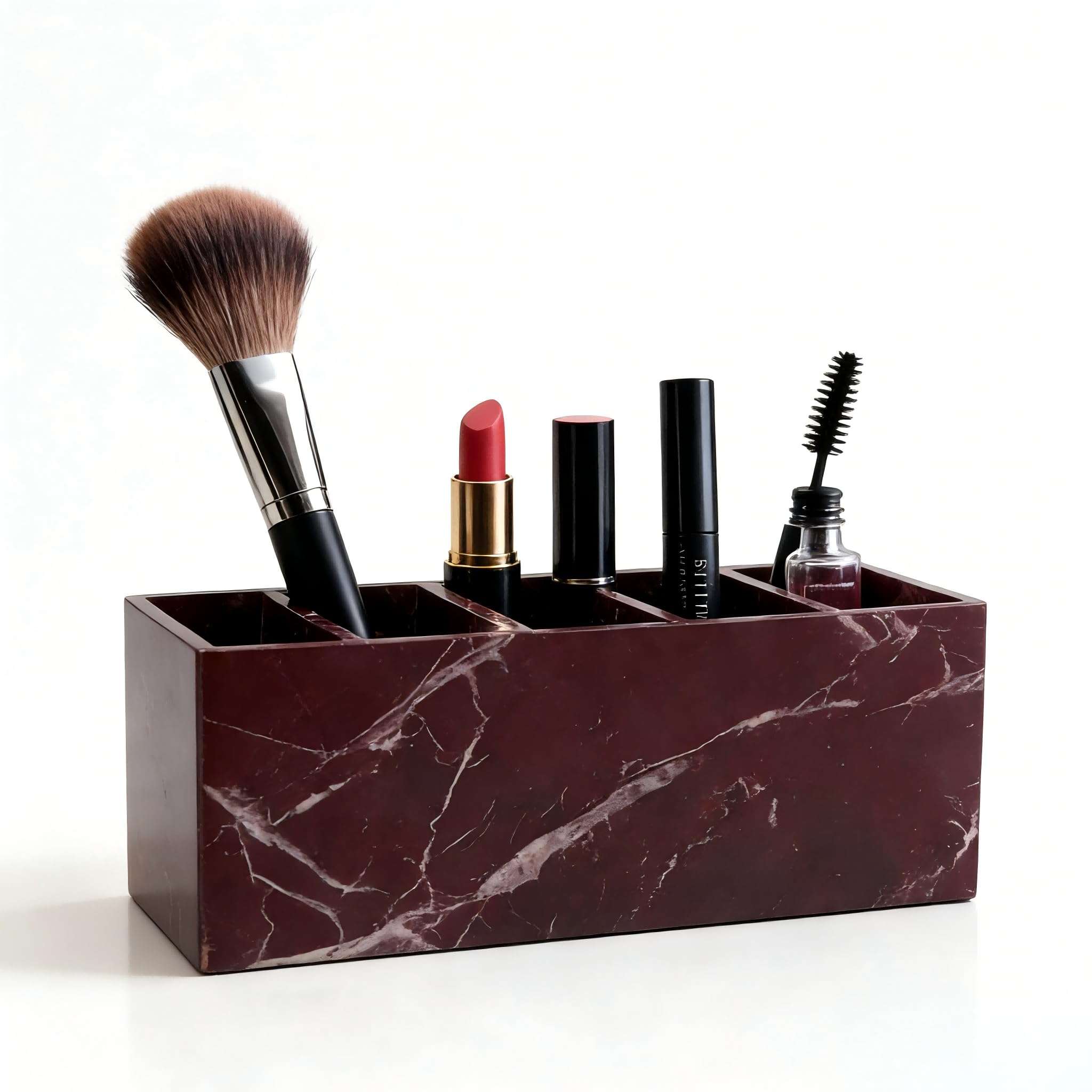 Marble Desk Organizer and Pen Holder, for Bathroom Organizers and Storage, Toothbrush Holders, Bathroom Counter Organizer, and Vanity Organizer, Purple-Red with White Veins (Five Layers)