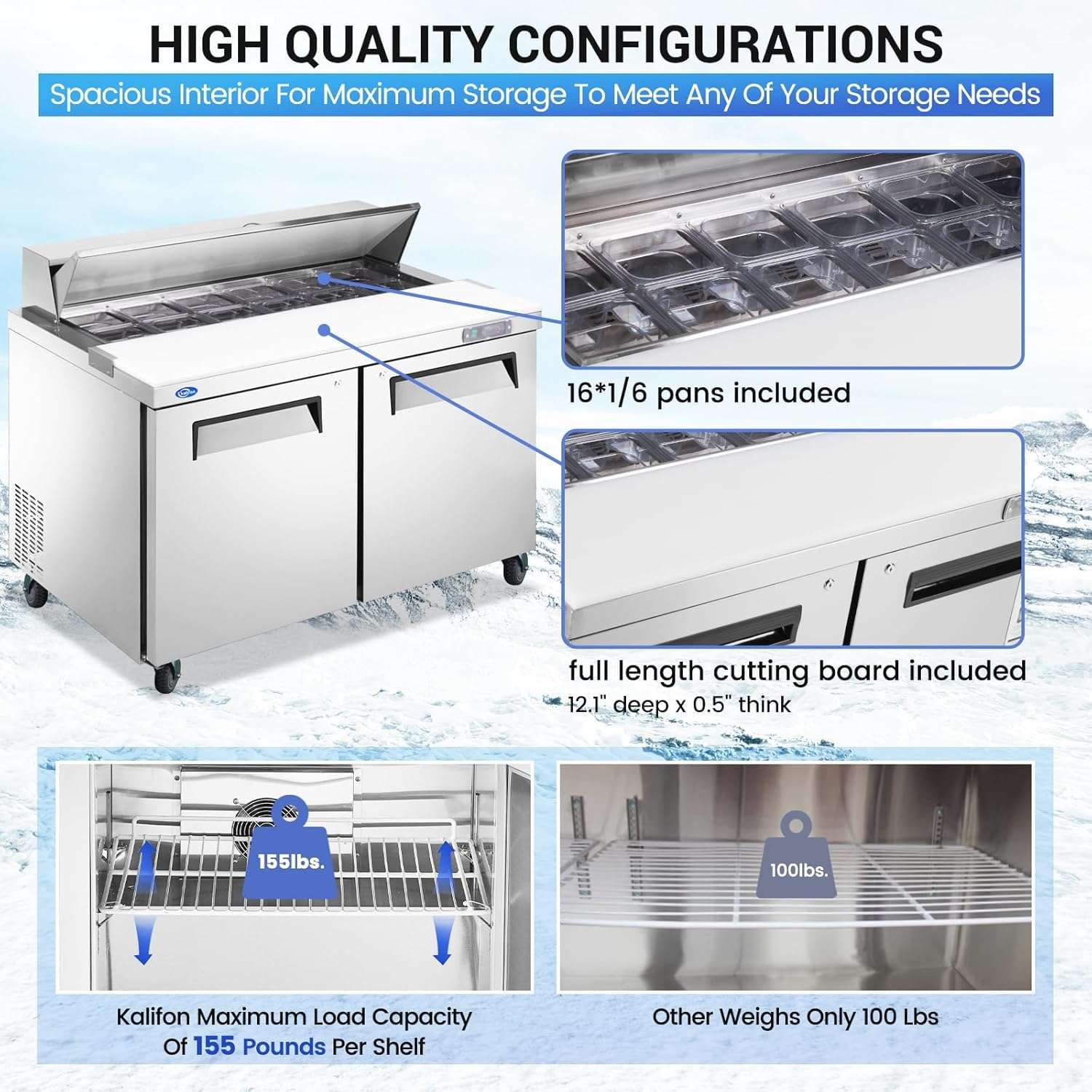 48" W 2 Door Refrigerator Sandwich Salad Prep Table Commercial Stainless Steel Fan Cooling Refrigerator with Cutting Board, 2 Shelves & 12 Pans For Restaurant, Shop - 12.9 Cu.Ft 6