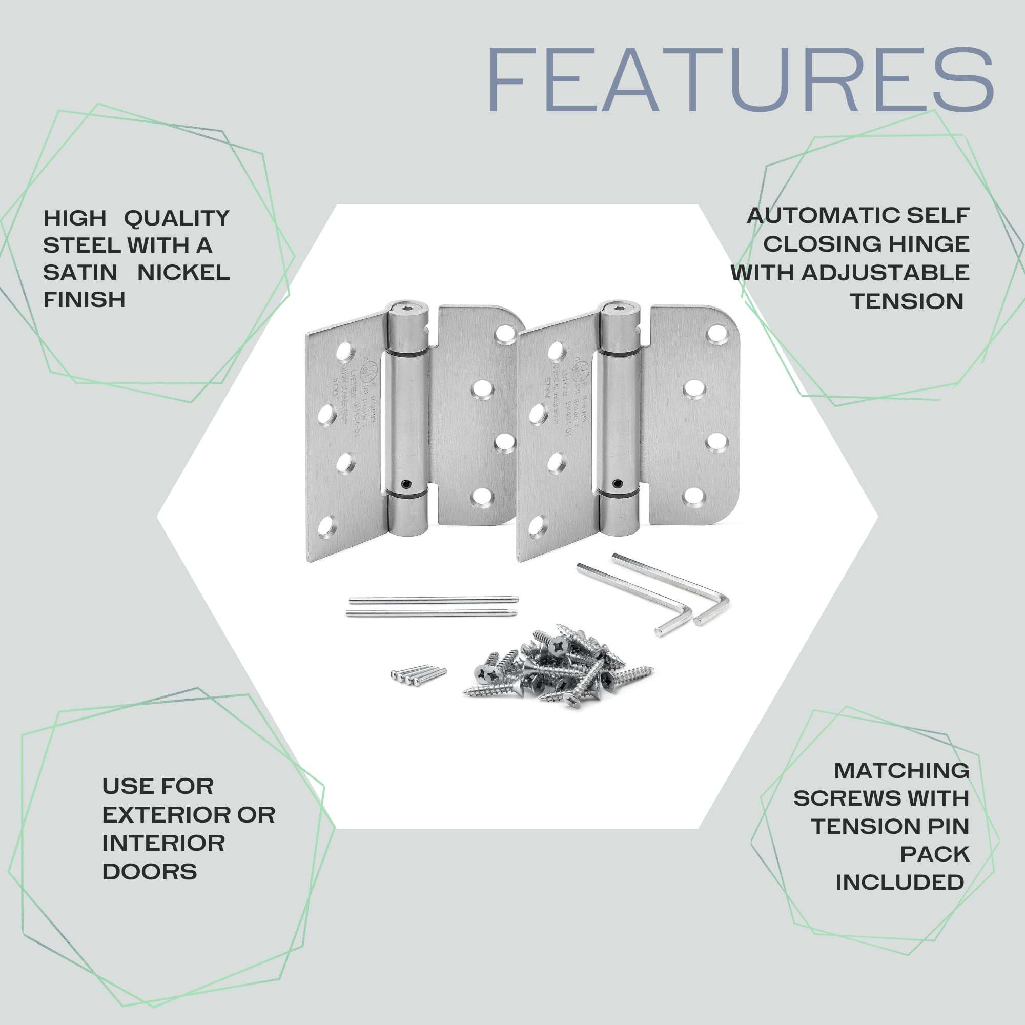 KS Hardware Self Closing Spring Hinge | Automatic Door Hinges with Complete Installation Hardware | 4" X 4" with 1 Square & 5/8" Radius Corners | 2 Pack (Satin Nickel) 2