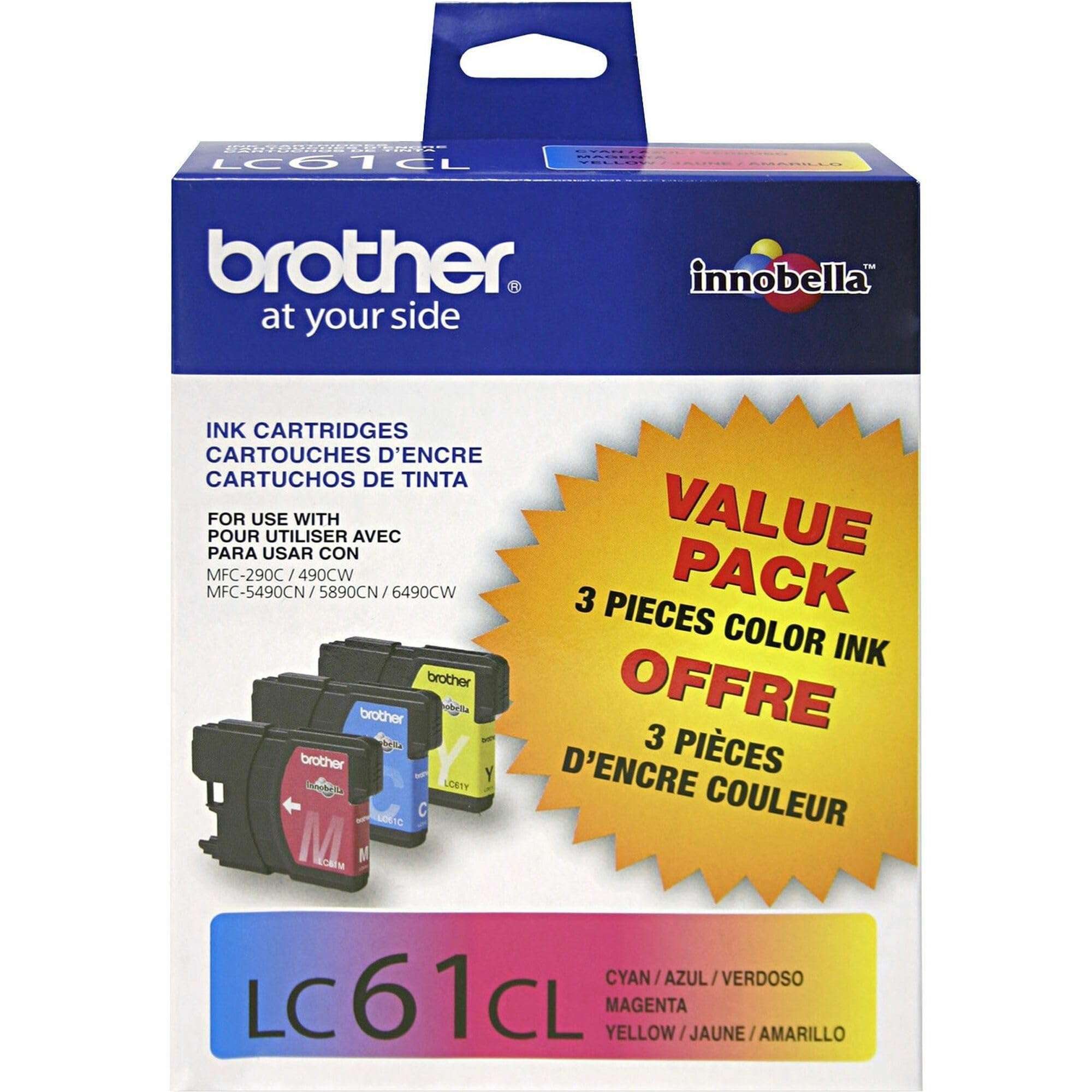 Brother Genuine Standard Yield Color -Ink -Cartridges, LC613PKS, Replacement 3 Pack of Color -Ink, Includes 1-Cartridge Each of Cyan, Magenta & Yellow, Page Yield Up To 325 Pages/ -Cartridge, LC61, Tricolor 1