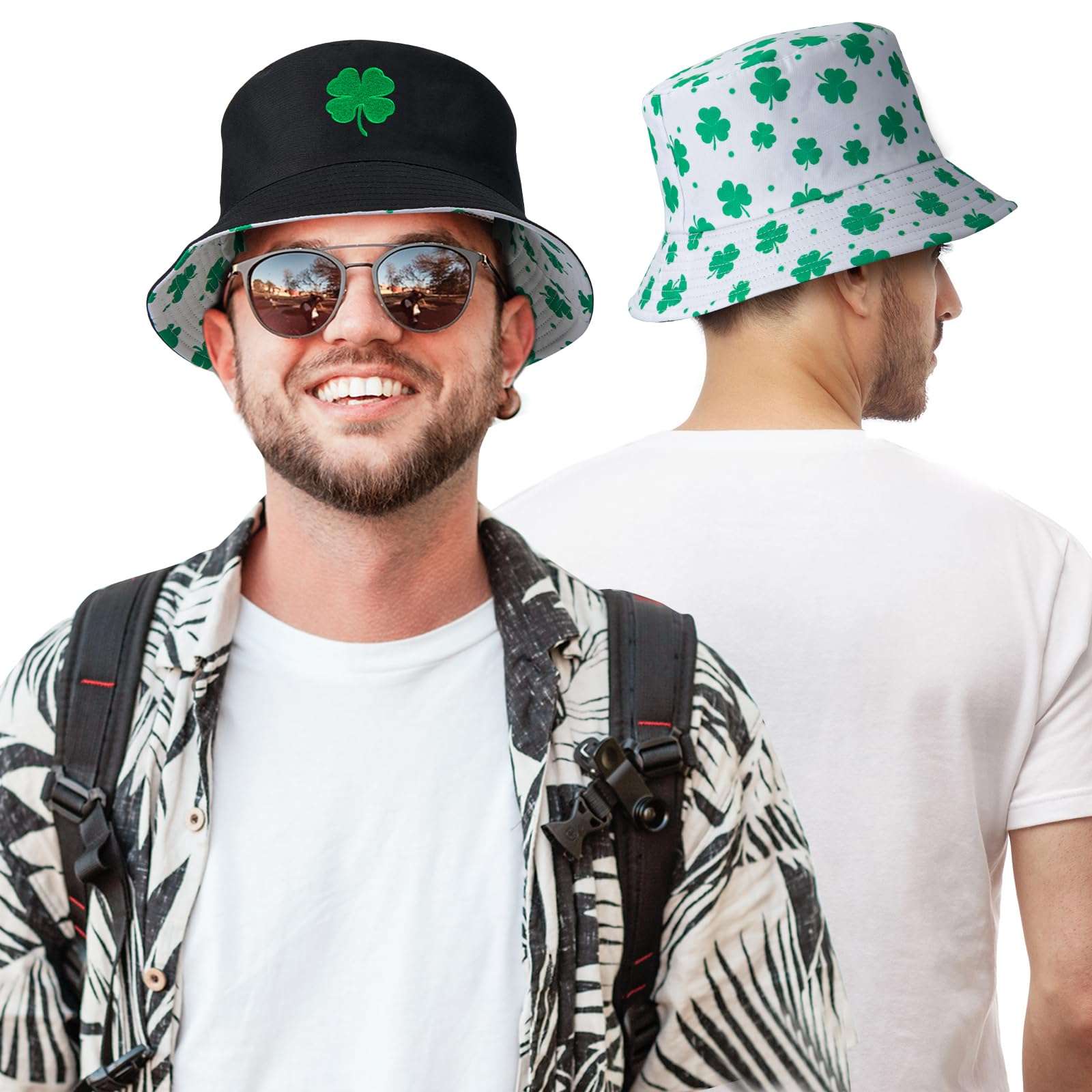 St Patricks Day Bucket Hat Embroidery Lucky Charm Clover Fisherman Hat Double-Side Outdoor Reversible Cap for Men Women Adults 5