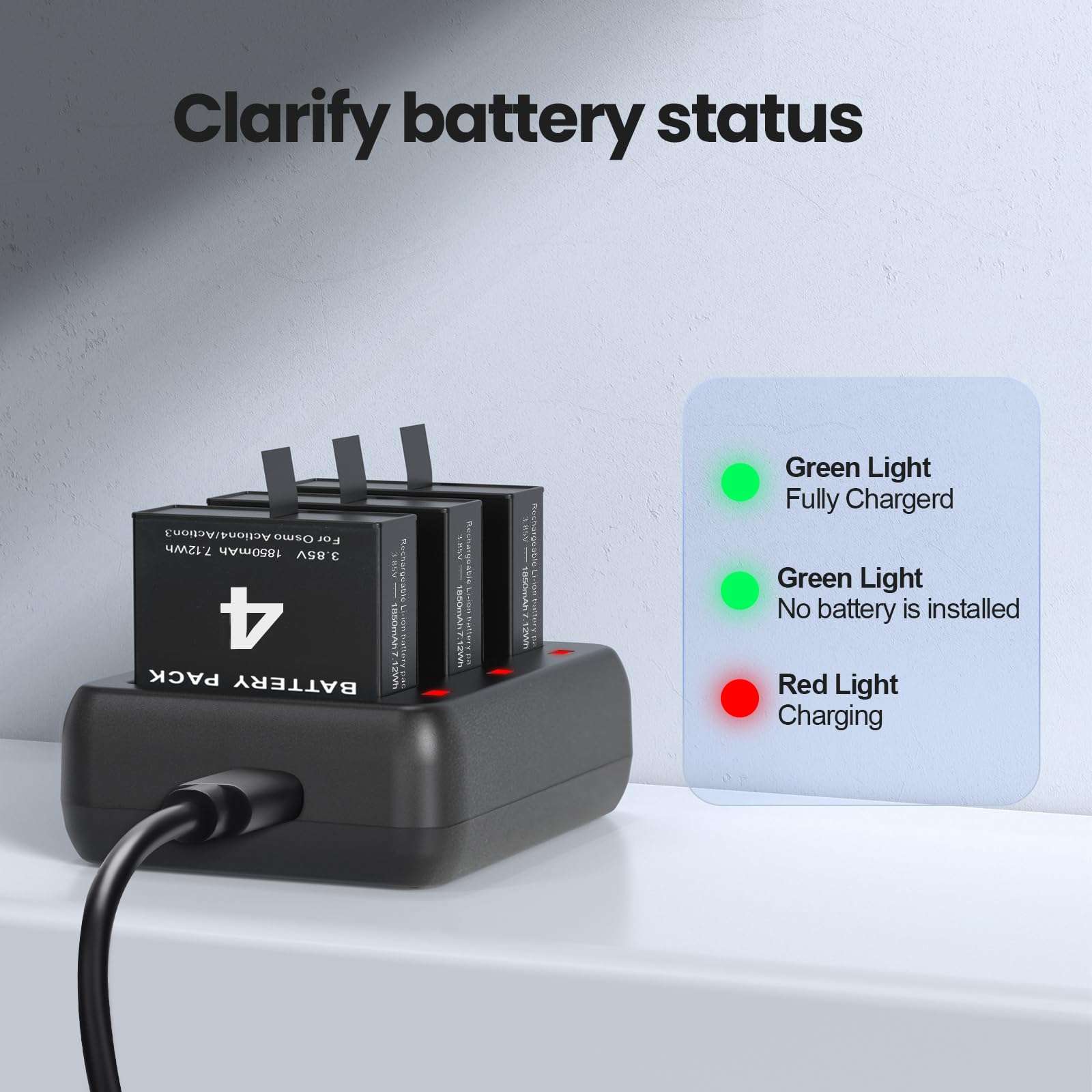 3 Packs Replacement Batteries Compatible with DJI Osmo Action 5pro, Osmo Action 4, Osmo Action 3, 1850mAh Rechargeable Battery, with 3-Channel Battery Charging Base 4