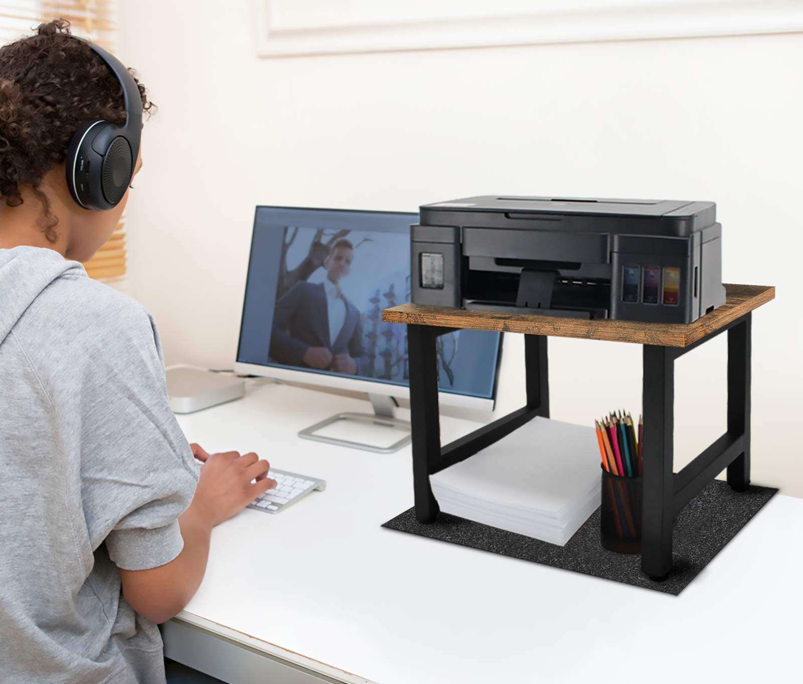 Vintage Desktop Printer Stand with Felt Mat, Single-Layer Desk Shelf Desk Organizer and Bookshelf, Home and Office Organization and Storage for Printers, Fax Machine, Scanner, Office Supplies 2