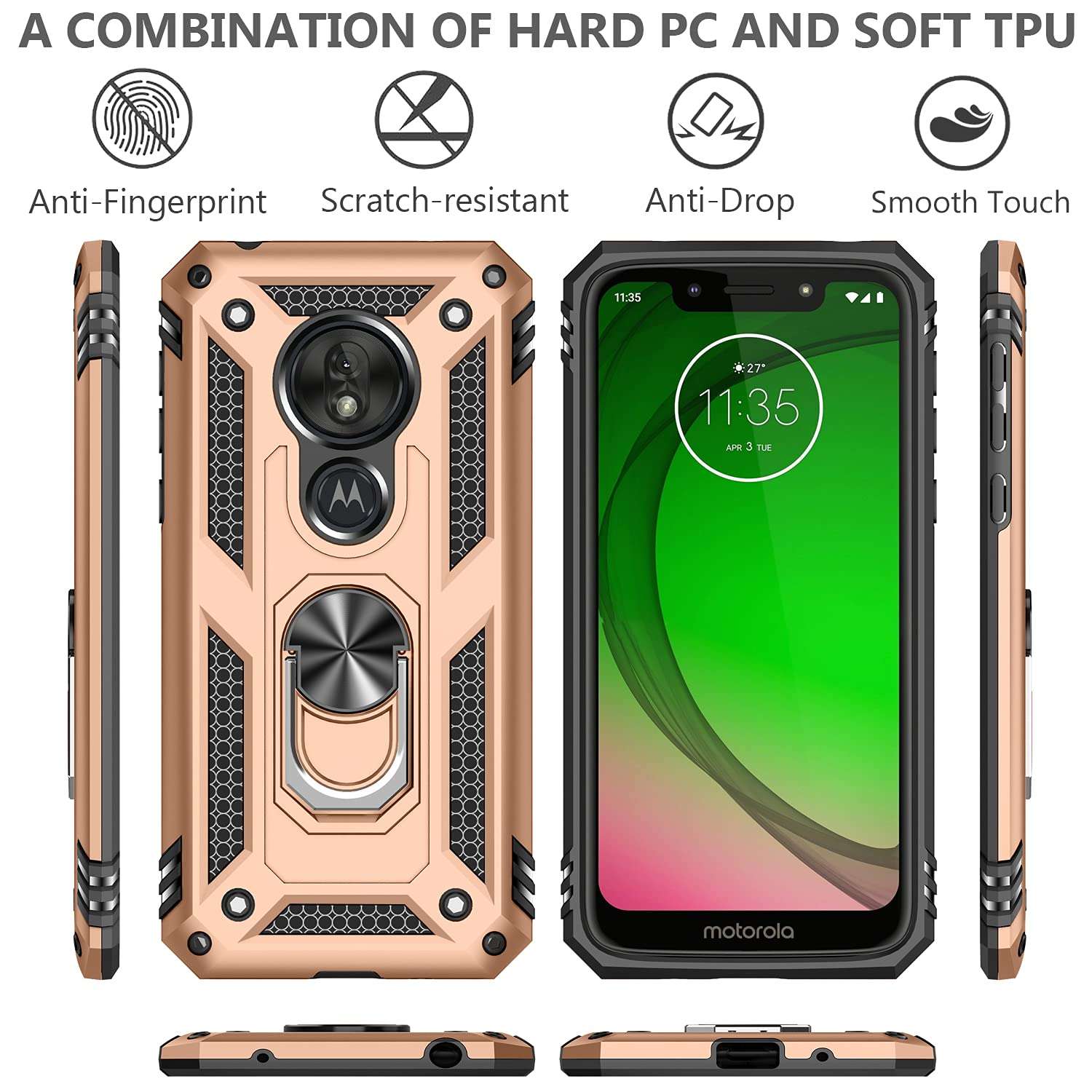 AUPAI Moto G7 Play Case with Glass Screen Protector, Heavy Duty 15ft Drop Tested Shockproof Cover with Magnetic Ring Kickstand,Protective Phone Case for Moto G7 Play Gold 2
