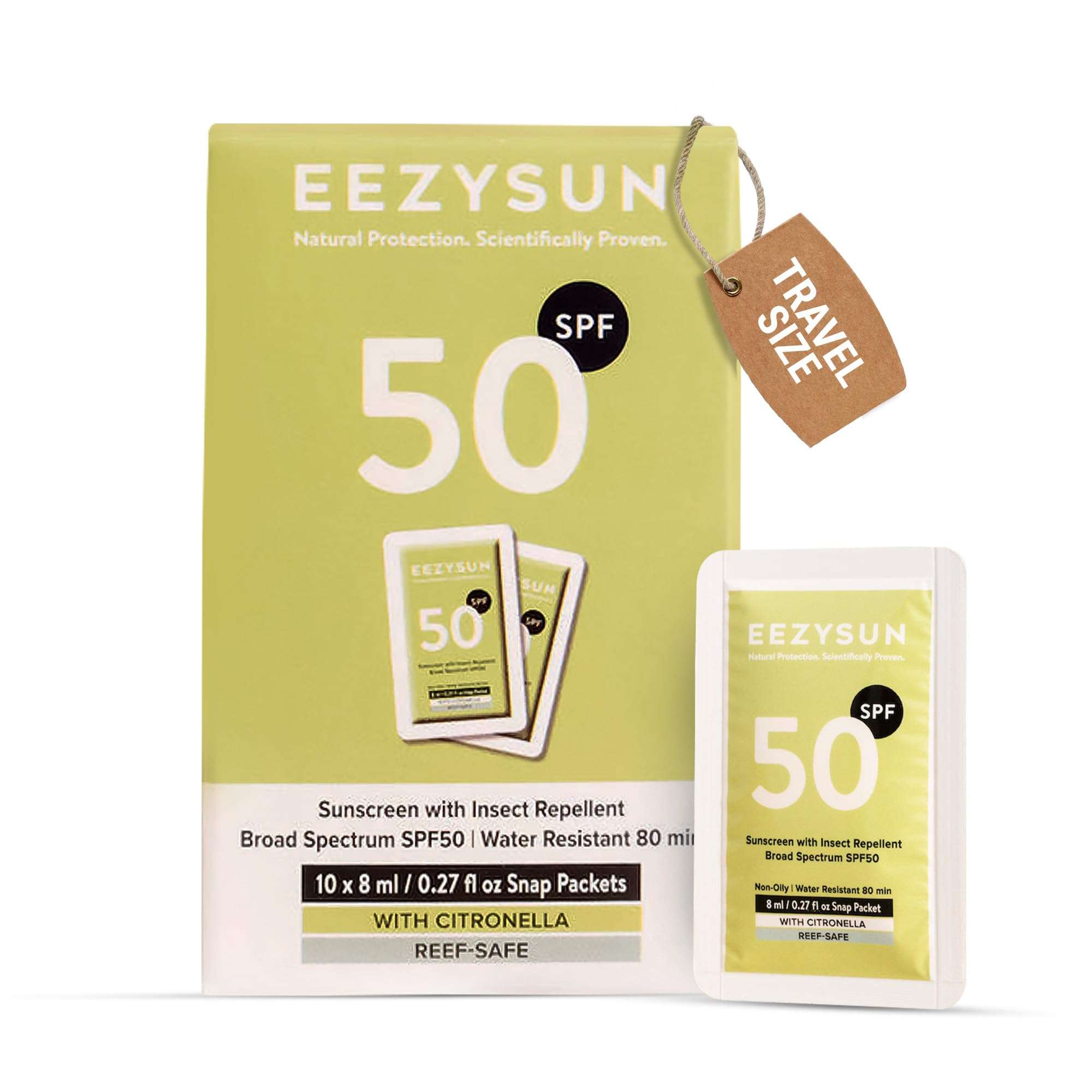 EEZYSUN SPF 50 Sunscreen and Insect Repellent Snap Packets - Sunscreen Travel Size Bug Repellent with Citronella Oil, Lemongrass, and Neem Oil - Reef-Safe Repellent - 10 Snap Packets (0.27 fl oz each)