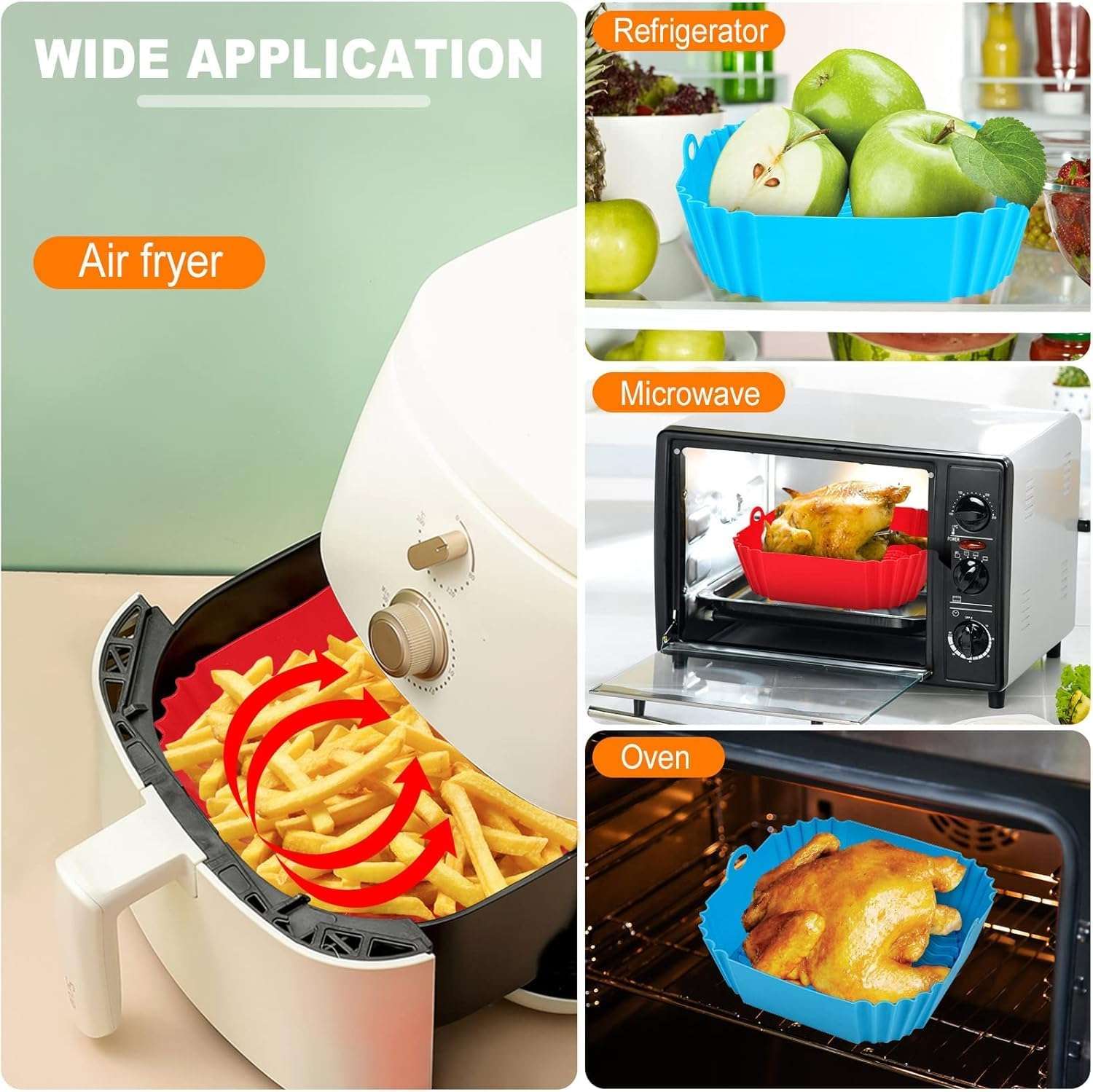 Tokumap 2 PCS Square Air Fryer Silicone Liners, 8 Inch Food Grade Reusable Heat Resistant Silicone Air Fryer Oven Microwave Accessory 6