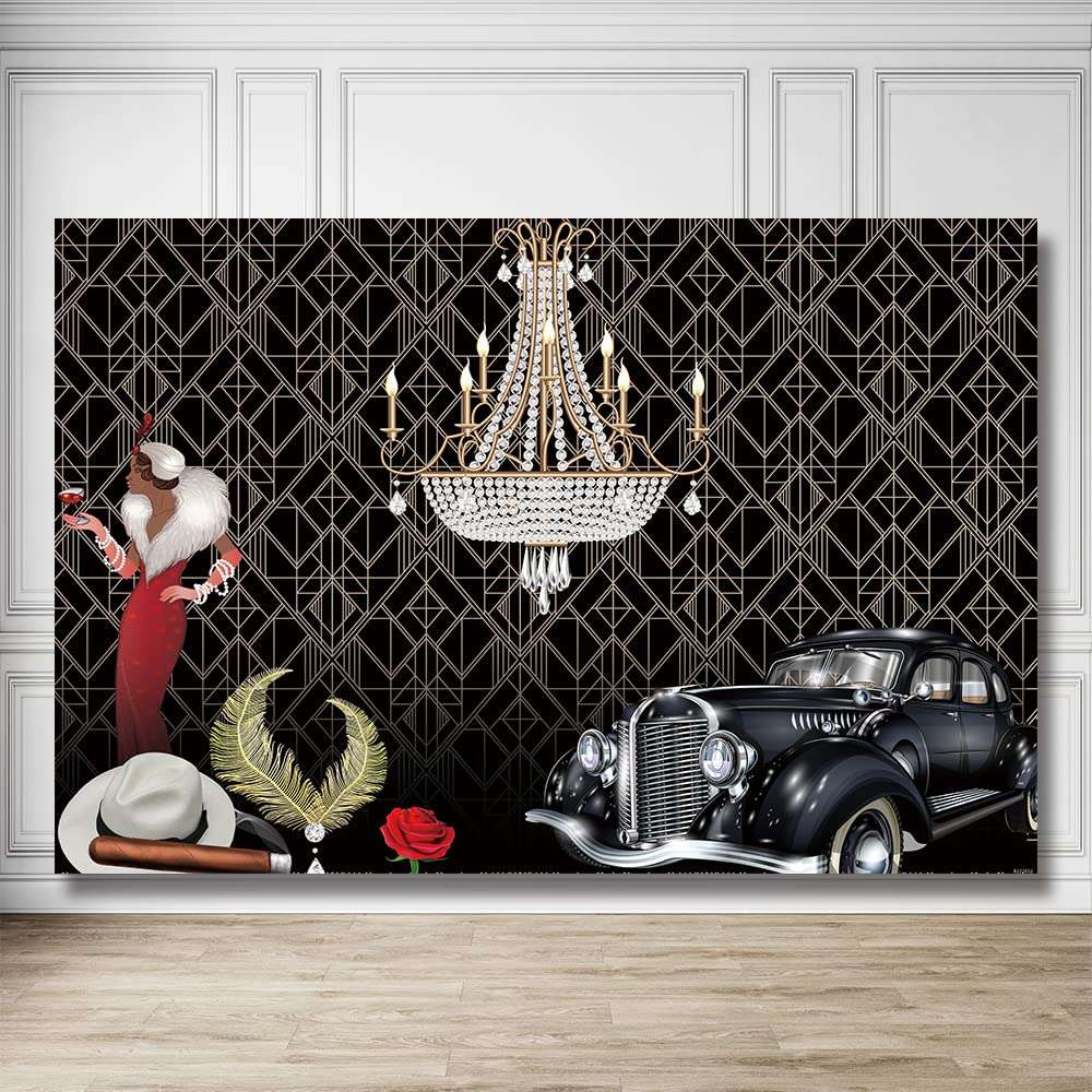 Rarcoirs Roaring 20s Photography Background The Great Gatsby Party Backdrop Vintage Happy Birthday Decoration Gangster Prom Props 20’s Bday Banner Decoration 71X47inch 3