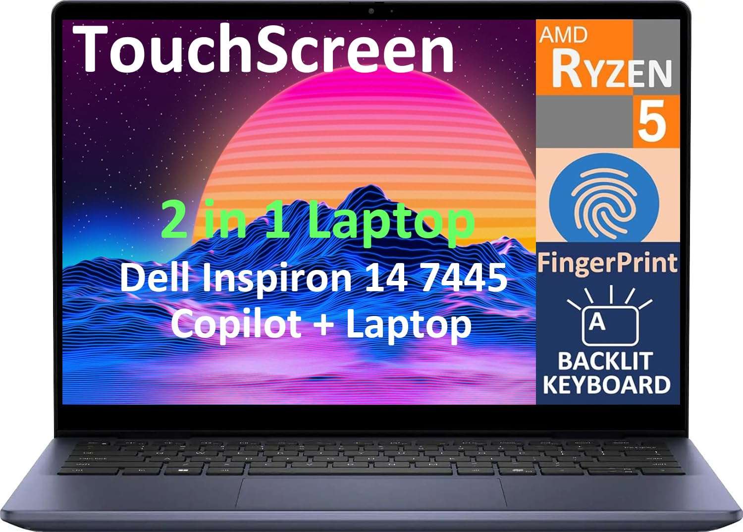 Dell 2026 Inspiron 14 7445 2-in-1 Business Laptop, 14.0" Touchscreen IPS FHD+ Display (AMD Ryzen 5 8640HS, 32GB DDR5, 2TB SSD, AI Copilot, Backlit KYB, Fingerprint, WiFi 6E, BT 5.3, Win 11 Home) 1