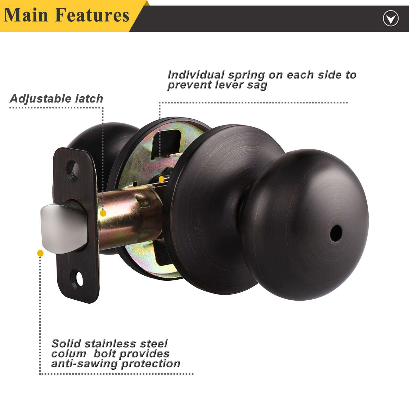 Probrico Keyless Privacy Door Knobs with Lock,Interior Door Locks for Bedroom Bathroom,Ball Shape Door Lockset in Oil Rubbed Bronze Finish,5 Pack 3