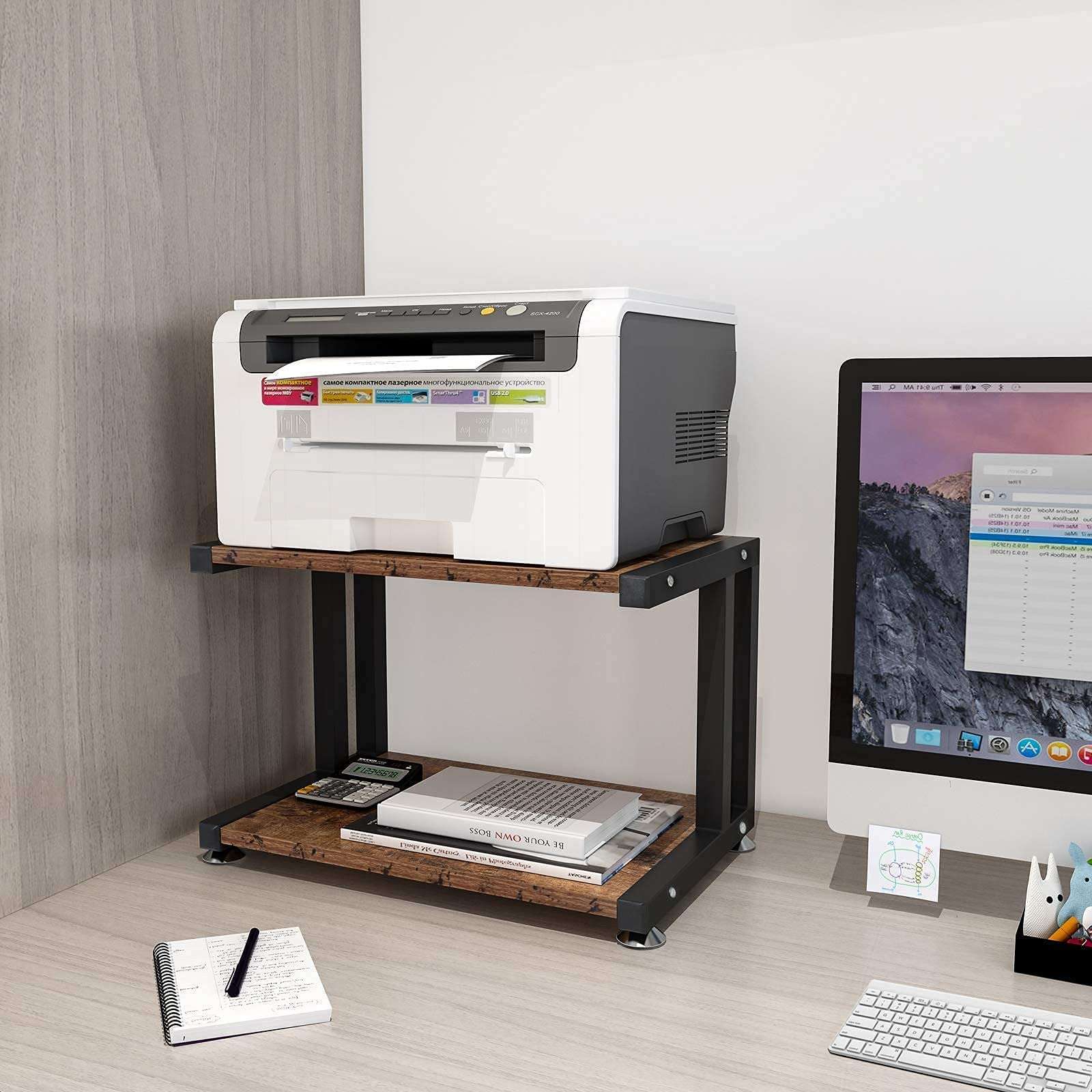 OROPY Vintage Printer Stand with 2 Tier Wood Storage Shelves, Multi-Purpose Desk Organizer for Fax Machine, Scanner, Files, Books with Adjustable Anti-Skid Feet 3