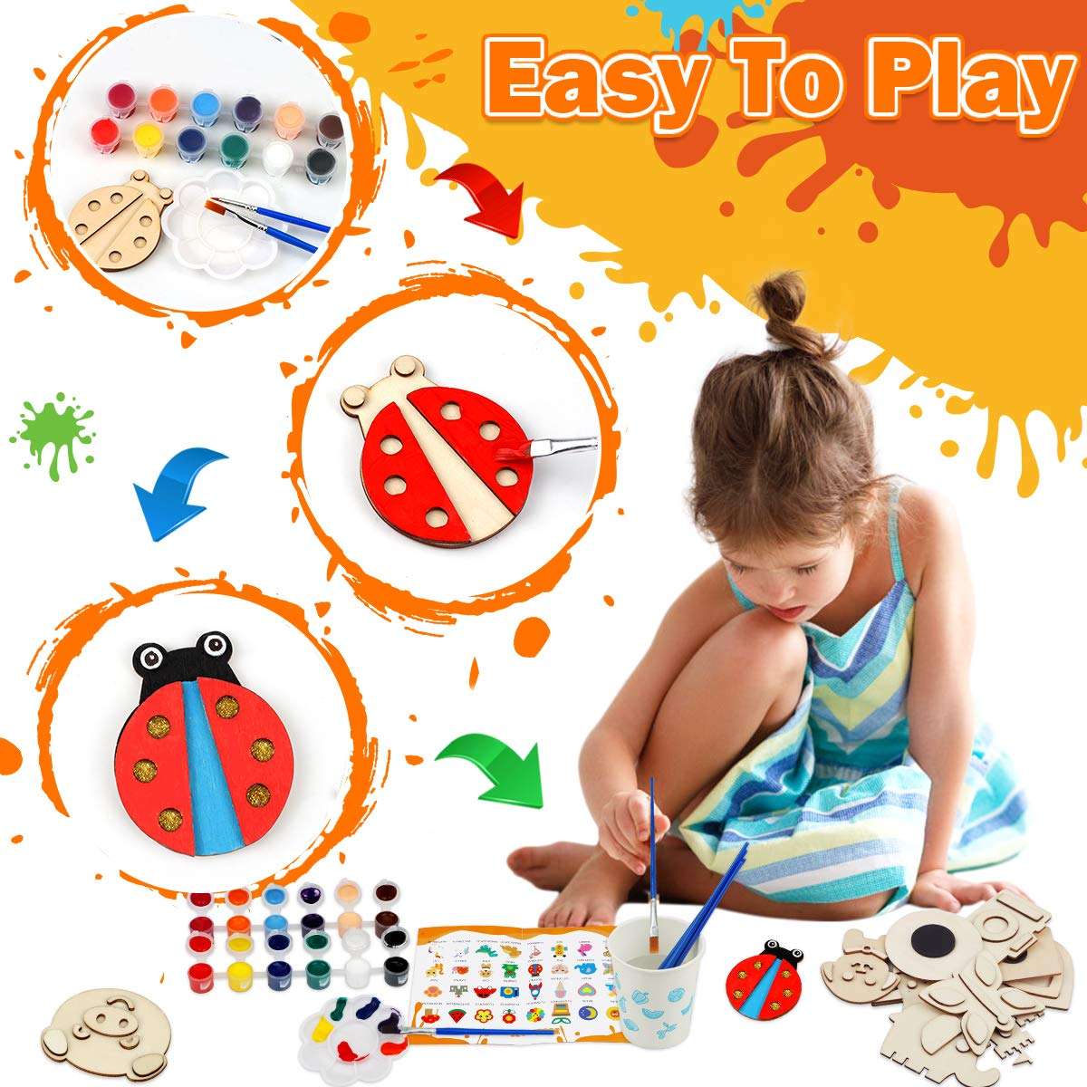 Hamsoo 32 Pack Wooden Arts and Crafts Age 4 5 6 7 8 9 10, Paint Your Own Wooden Magnet for Kids Painting Craft Kit and Art Set Age 8-12 Boys and Girls Party Favors, Supplies Art and Crafts Set 5