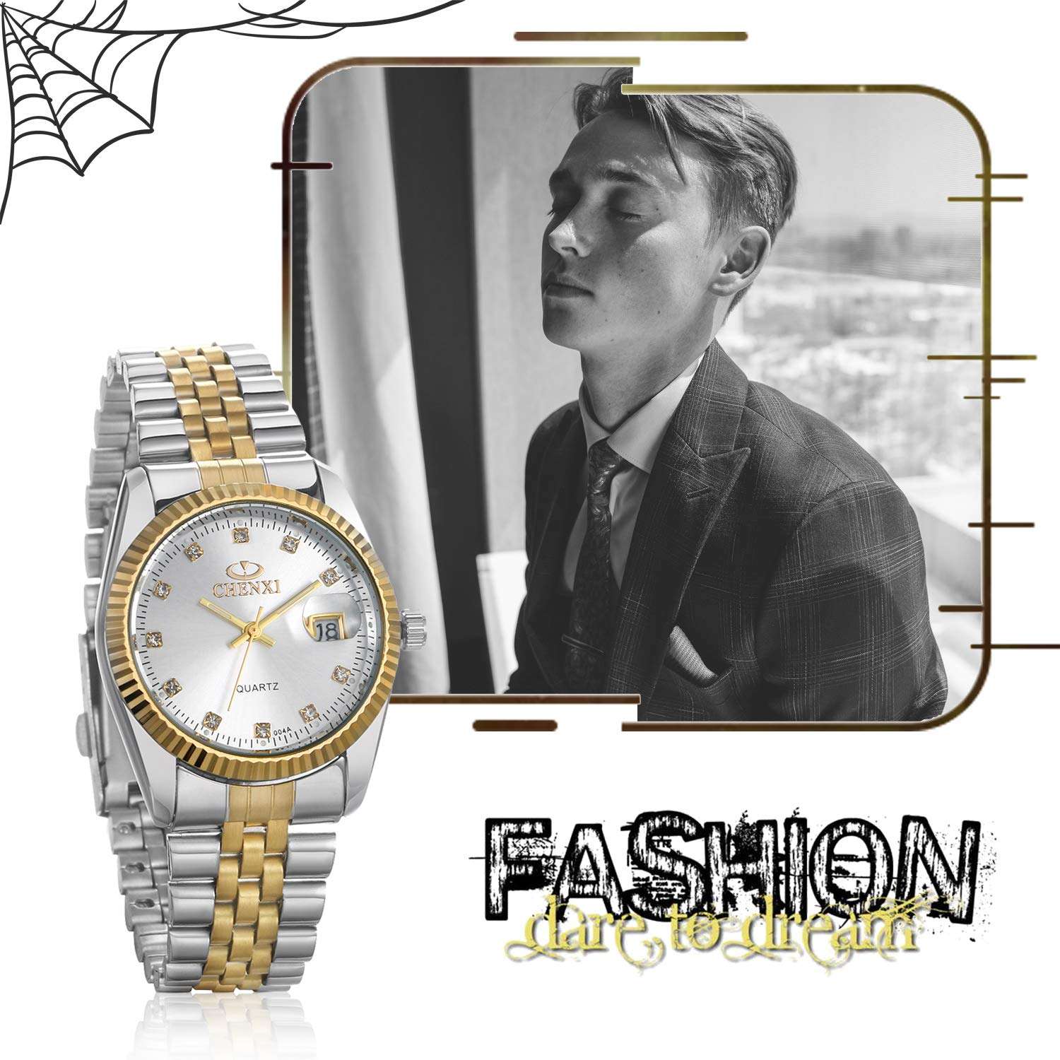 JewelryWe Luxury Couple Watches Gold-Silver Tone Stainless Steel Quartz Calendar Wristwatch Rhinestone His and Her Watch Set 4