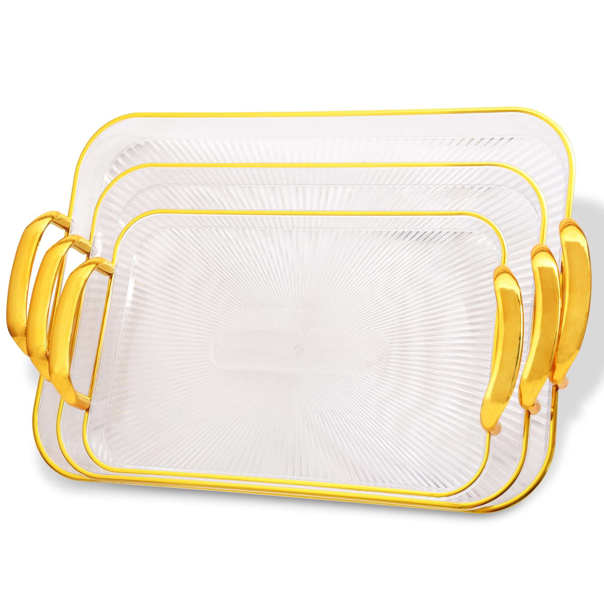 BAREPEPE Plastic Serving Tray Set for Kitchen Rectangular Stylish Design Fancy Coated Golden Borders - Transparent White - Set of 3 Sizes 1