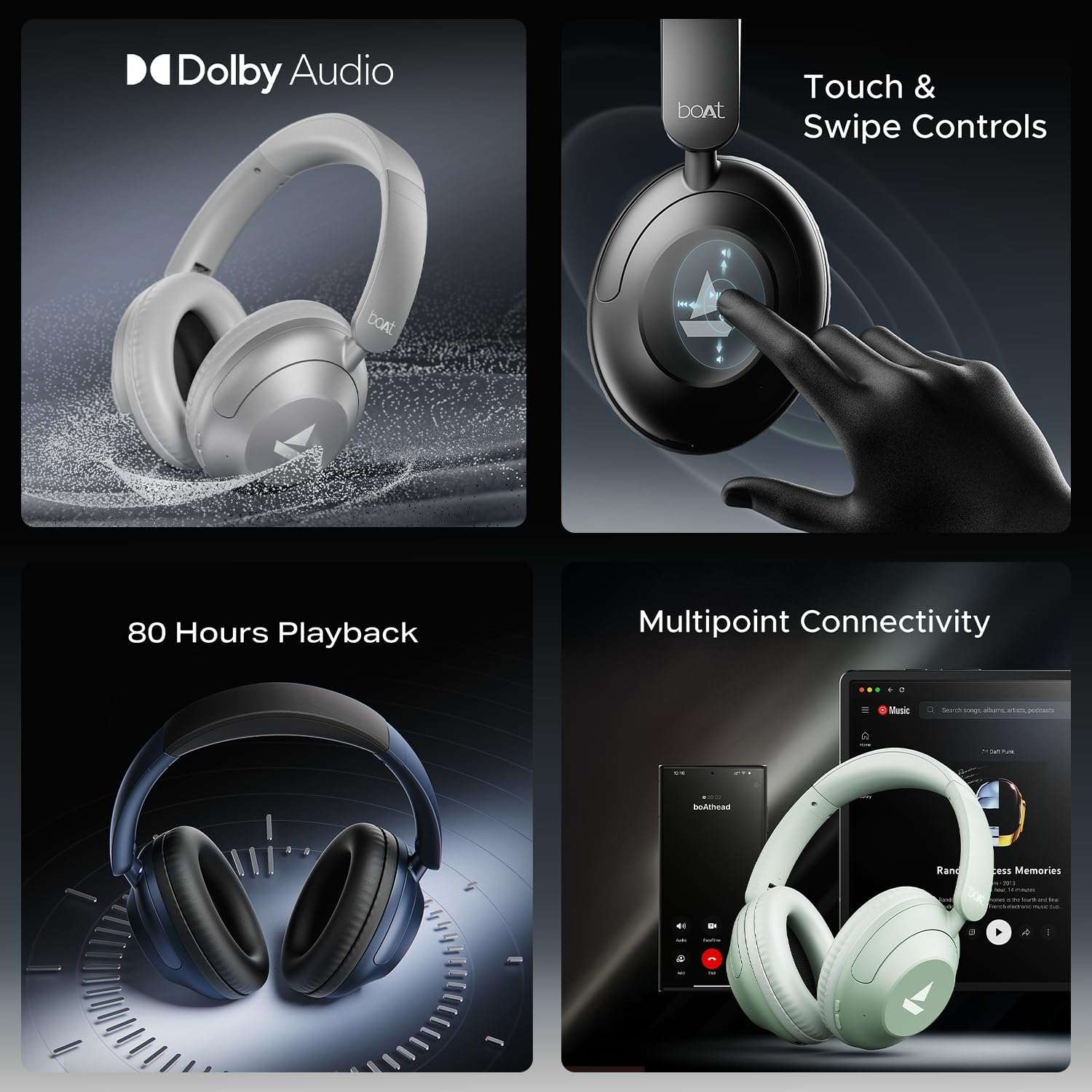 Boat New Launch Rockerz 650 Pro, Touch/Swipe Controls, Dolby Audio, 80Hrs Battery, 2Mics ENx, Fast Charge, App Support, Dual Pair, Bluetooth Over Ear Headphones with Mic (Iris Black) 3