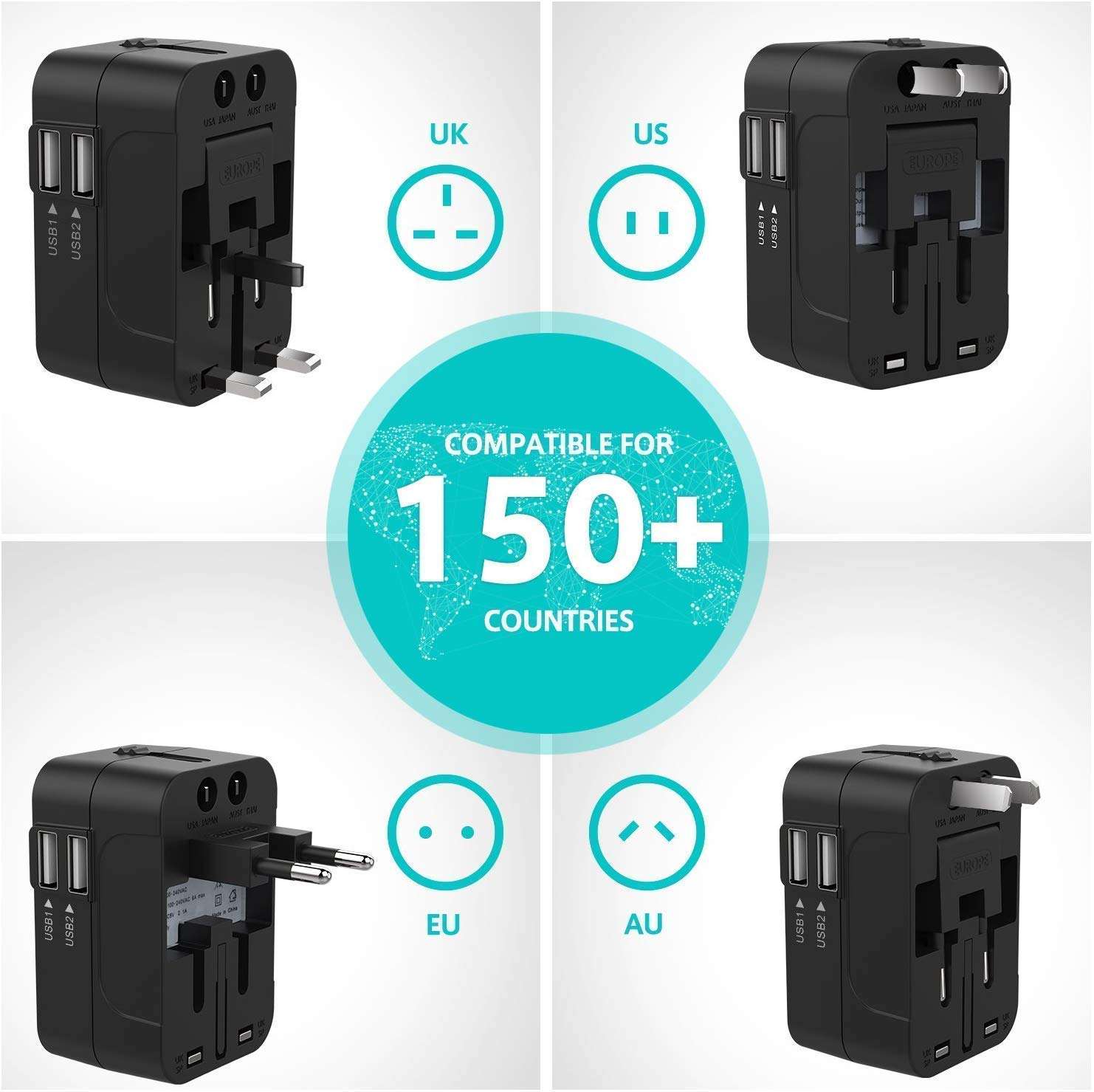 International All in One Worldwide Travel Adapter and Wall Charger with USB Ports with Multi Type Power Outlet USB 2.1A,100-250 Voltage Travel Charger (Black) 5