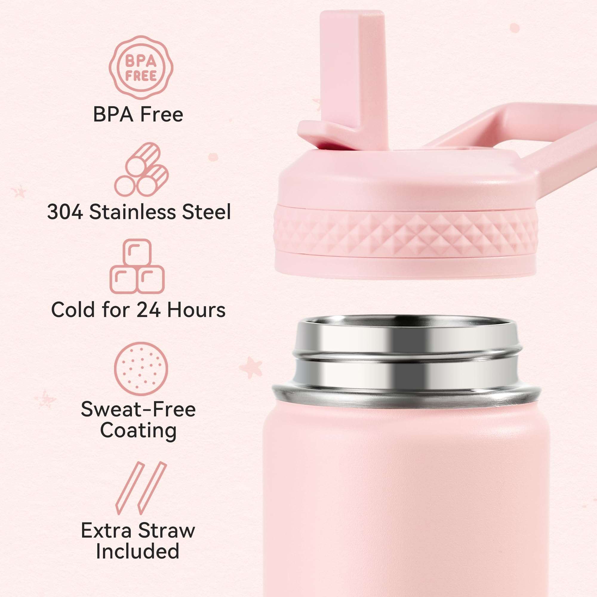 Fijinhom 12 oz Kids Water Bottle, Toddler Water Bottle with Straw, Boys&Girls Bottle for School, 304 Stainless Steel Vacuum Insulated Bottle for Kids, BPA-Free, Leak-Proof, Pink 4
