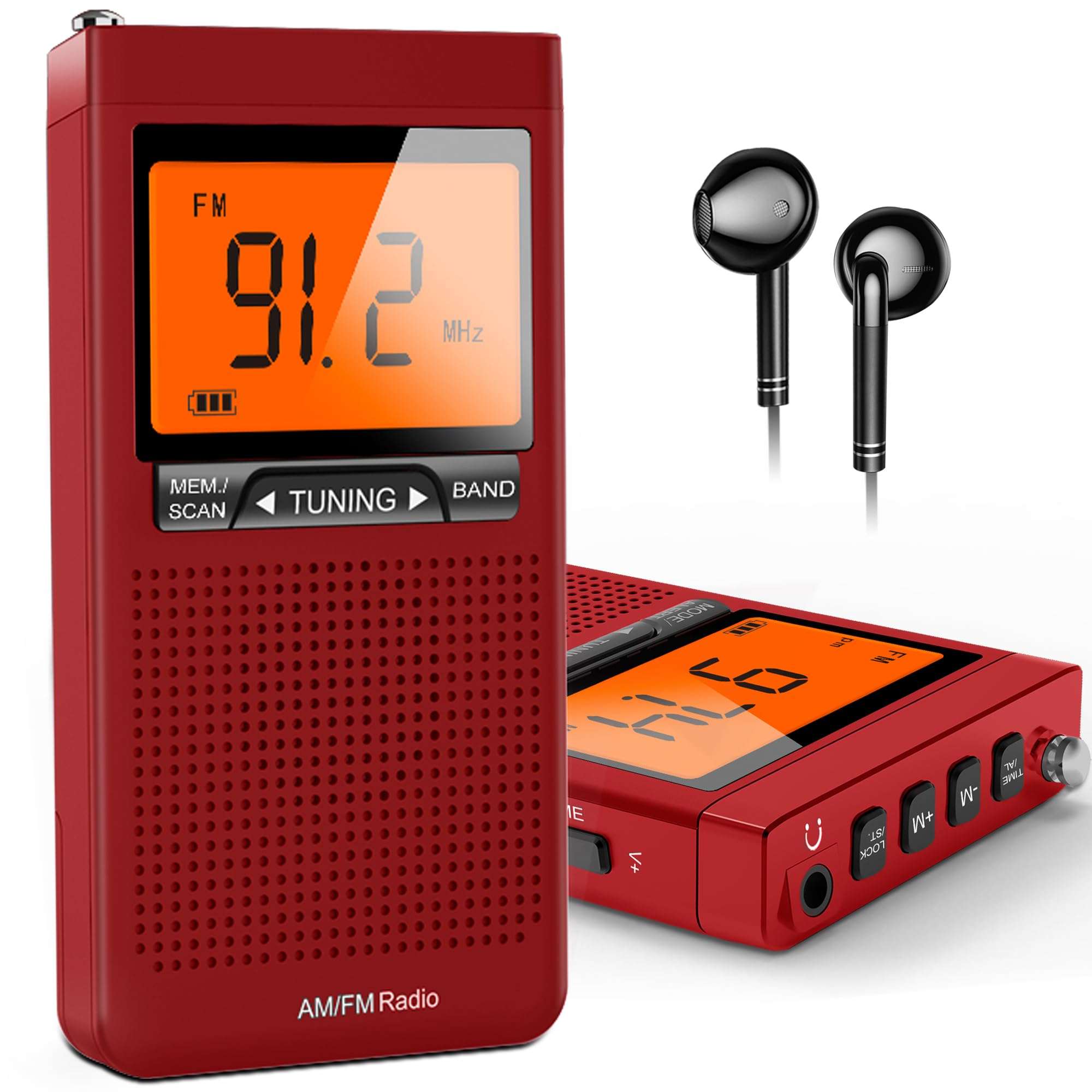 AM FM Radio Portable with Best Reception, Pocket Radio Battery Powered with Stereo Earphone, Digital LCD, Built-in Alarm Clock and Sleep Timer for Indoor & Outdoor and Emergency Use, Gift for Elderly 1