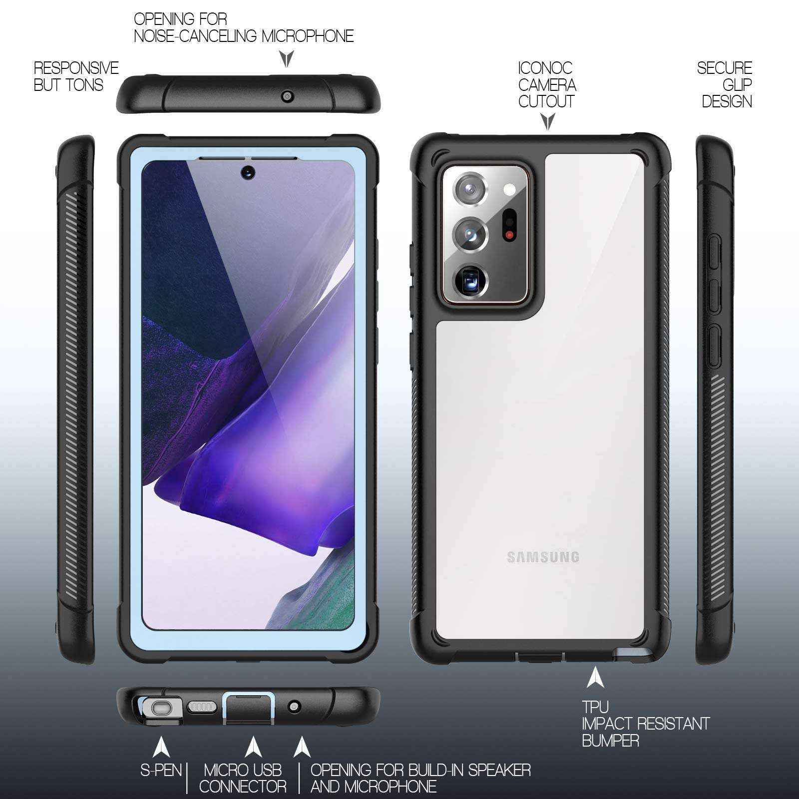 Temdan for Samsung Galaxy Note 20 Ultra Case, Built-in Screen Protector Full Body Heavy Duty Shockproof Case Support Wireless Charging for Samsung Galaxy Note 20 Ultra 6.9 inch 2020(Blue/Black) 6