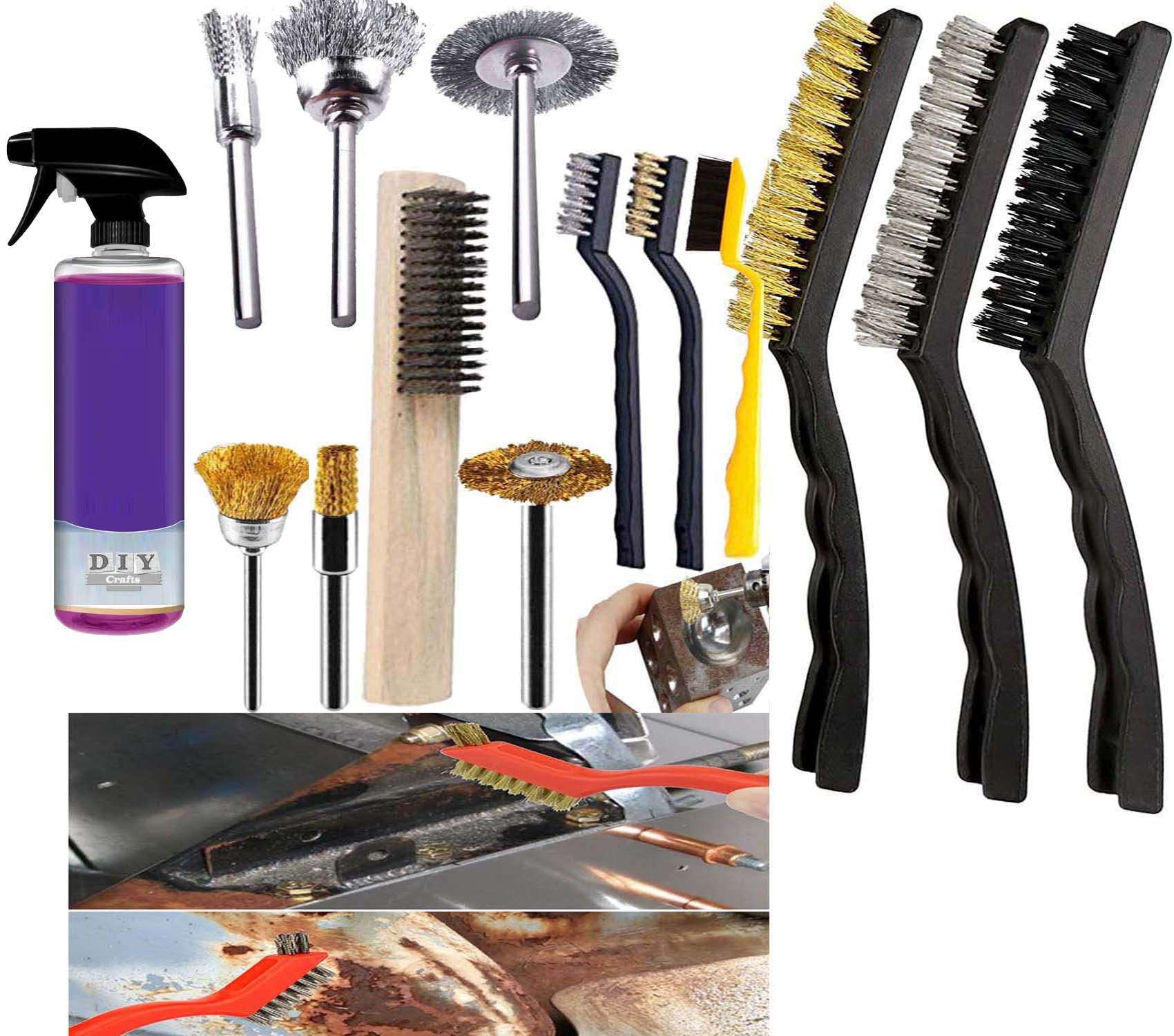 DIY Crafts Carborator Engine Cleaning Kit, 17x 3-9" inch 6X Mini Wire Brushes 4X Medium 3X Big Metal Brass Wire Brushes Brass Curved Handle Scratch for Rust Dirt Included Cleaning Compound (1x Kit) 1