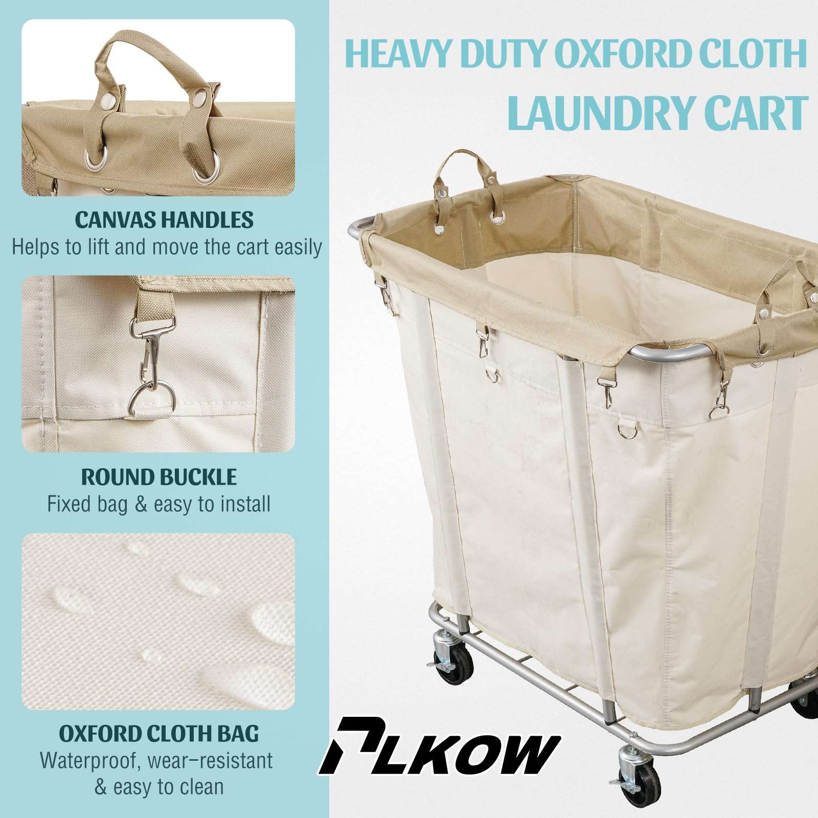 PLKOW Laundry Cart with Wheels 320L Large Rolling Laundry Cart for Commercial/Home, Rolling Laundry Basket with Steel Frame and Waterproof Lining, 9 Bushel, 32.3L x 19.7W x 30.7H Inch, Beige 4
