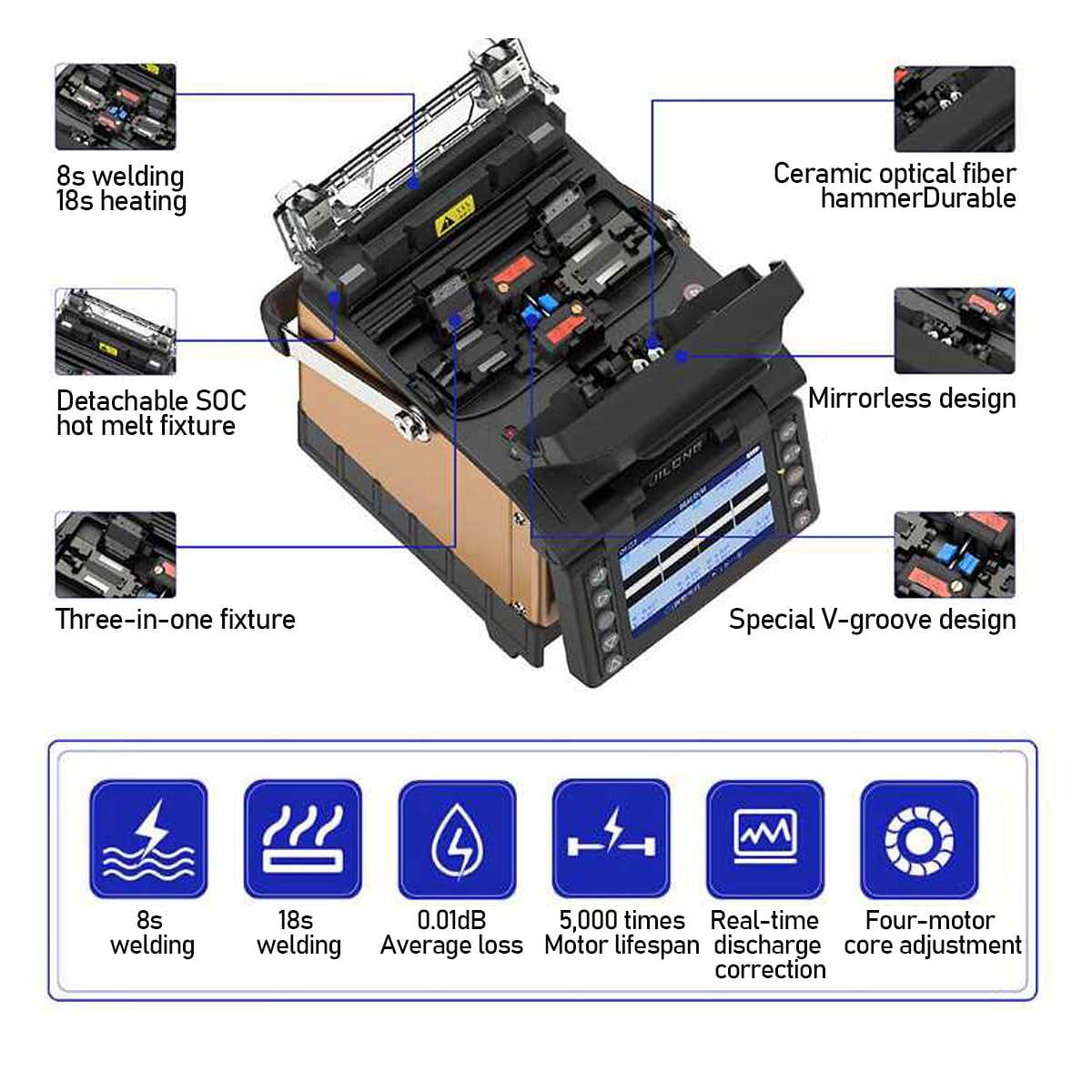 KL-520 Auto Fiber Splicer: 8s/18s Speed, 0.01dB Loss, 3-in-1 Holder for Single/Multi Mode 4