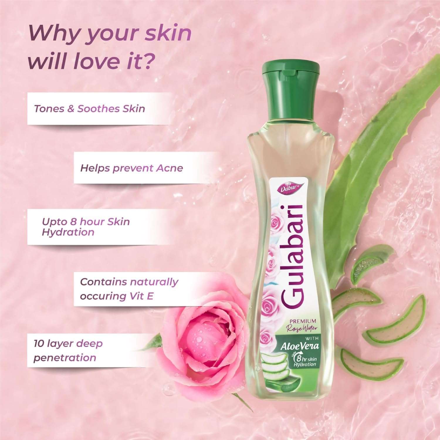 Dabur Gulabari Premium Rose Water with Aloe Vera - 400 ml | Upto 8 HR Skin Hydration | Cleanses, Tones and Moisturises Skin | For All Skin Types 4