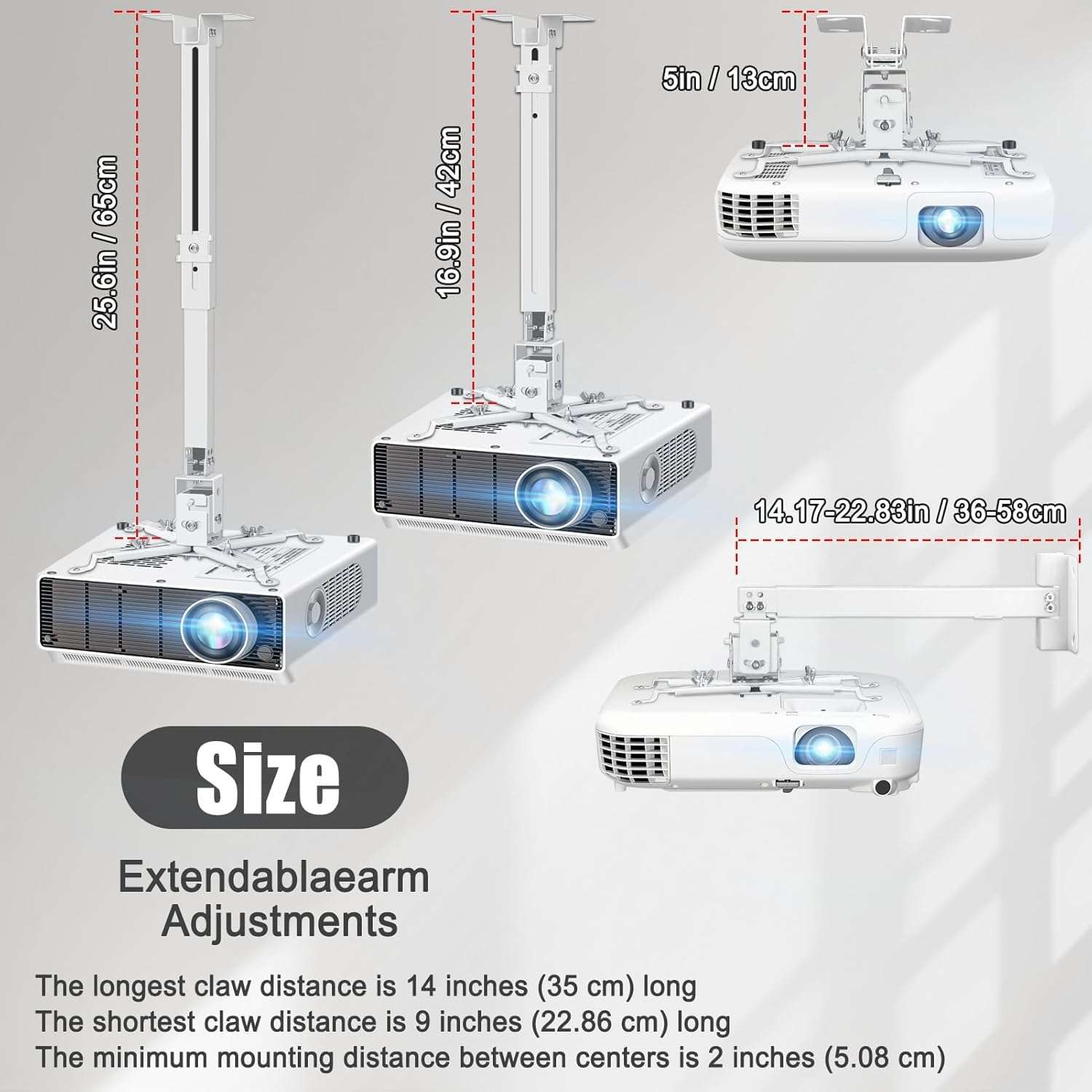 2-Be-Best Upgraded Projector Ceiling Mount Adjustable Projector Wall Mount Max Load Capacity 42 LBS / 19KG Ceiling Projector Mount Universal White 5