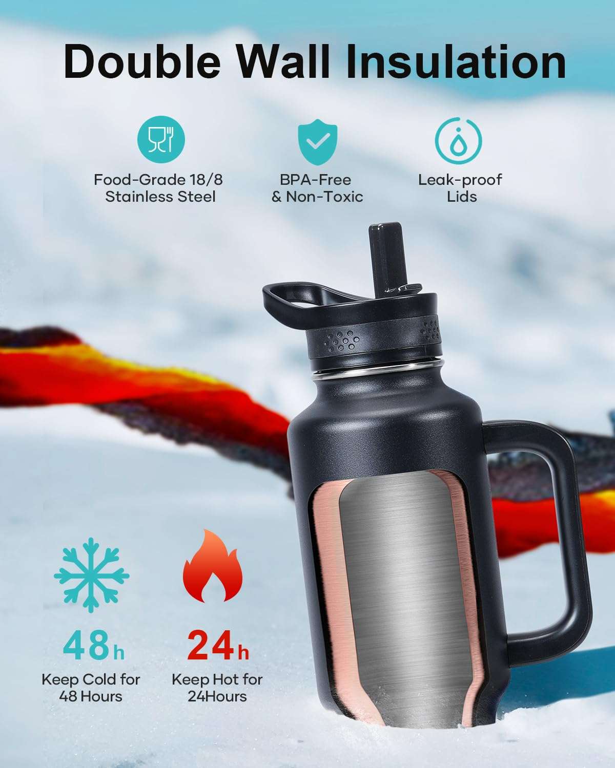 64oz Insulated Water Bottle & 40 oz Tumbler Fits in Cup Holders, Dishwasher Safe Leakproof Sport Travel Thermal Cup for Hot and Cold Drinks 4