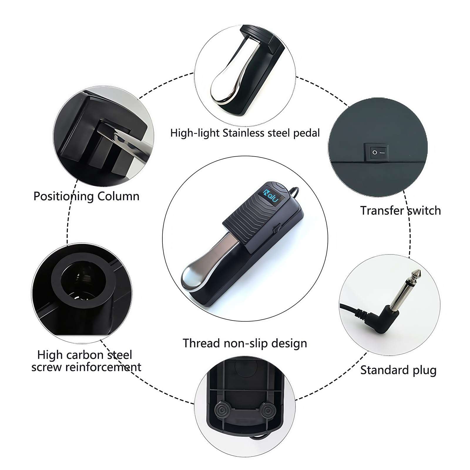 NALU Universal Sustain Pedal for Piano/Keyboard - Anti-Slip Rubber Base, 67" Cable, Quiet & Smooth Operation, ABS Shell with Metal Pedal & Spring (1/4" Jack) Model A 3