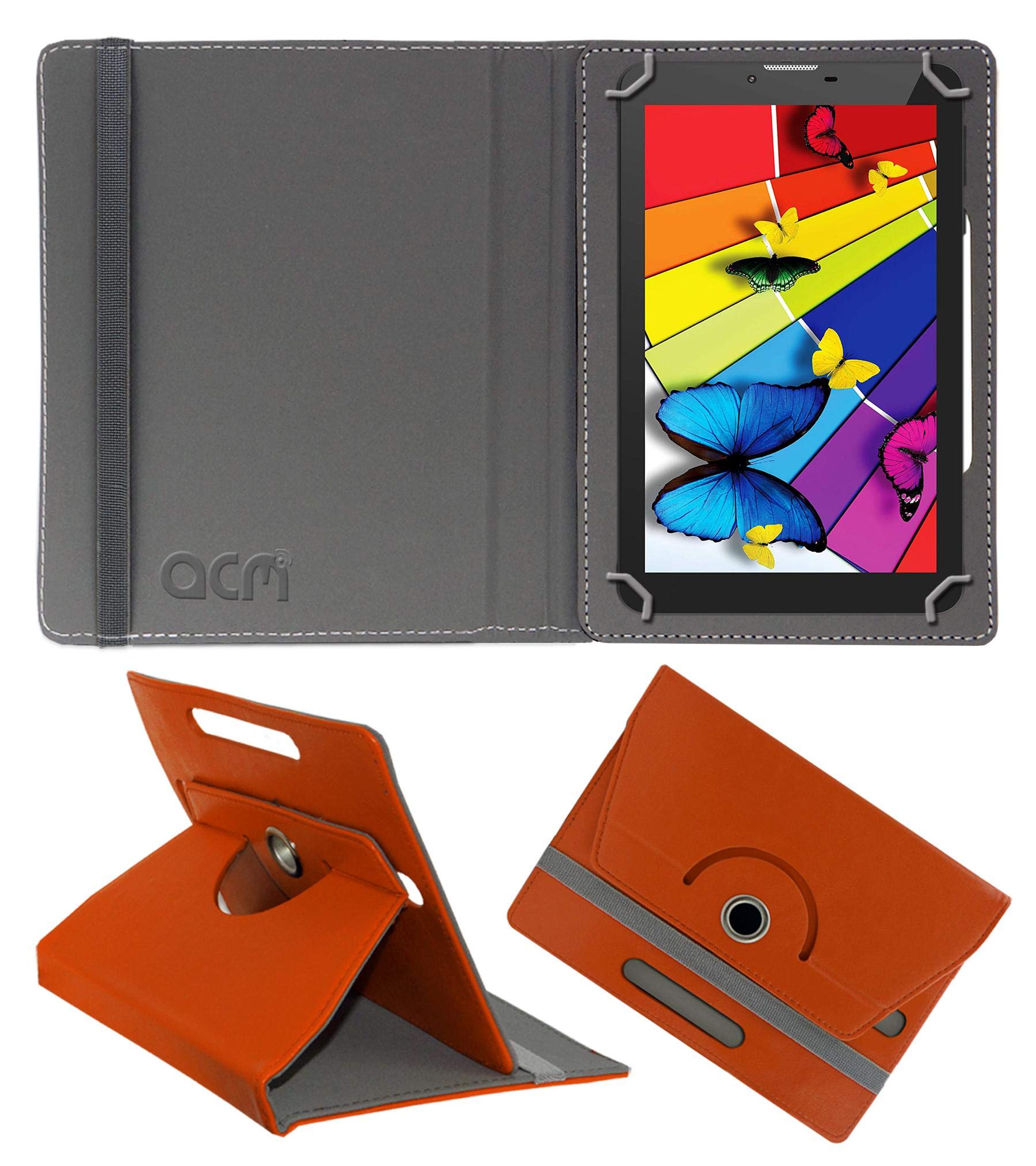 Acm Rotating Leather Flip Case Compatible with Intex Ibuddy 7dd01 Tablet Cover Stand Orange