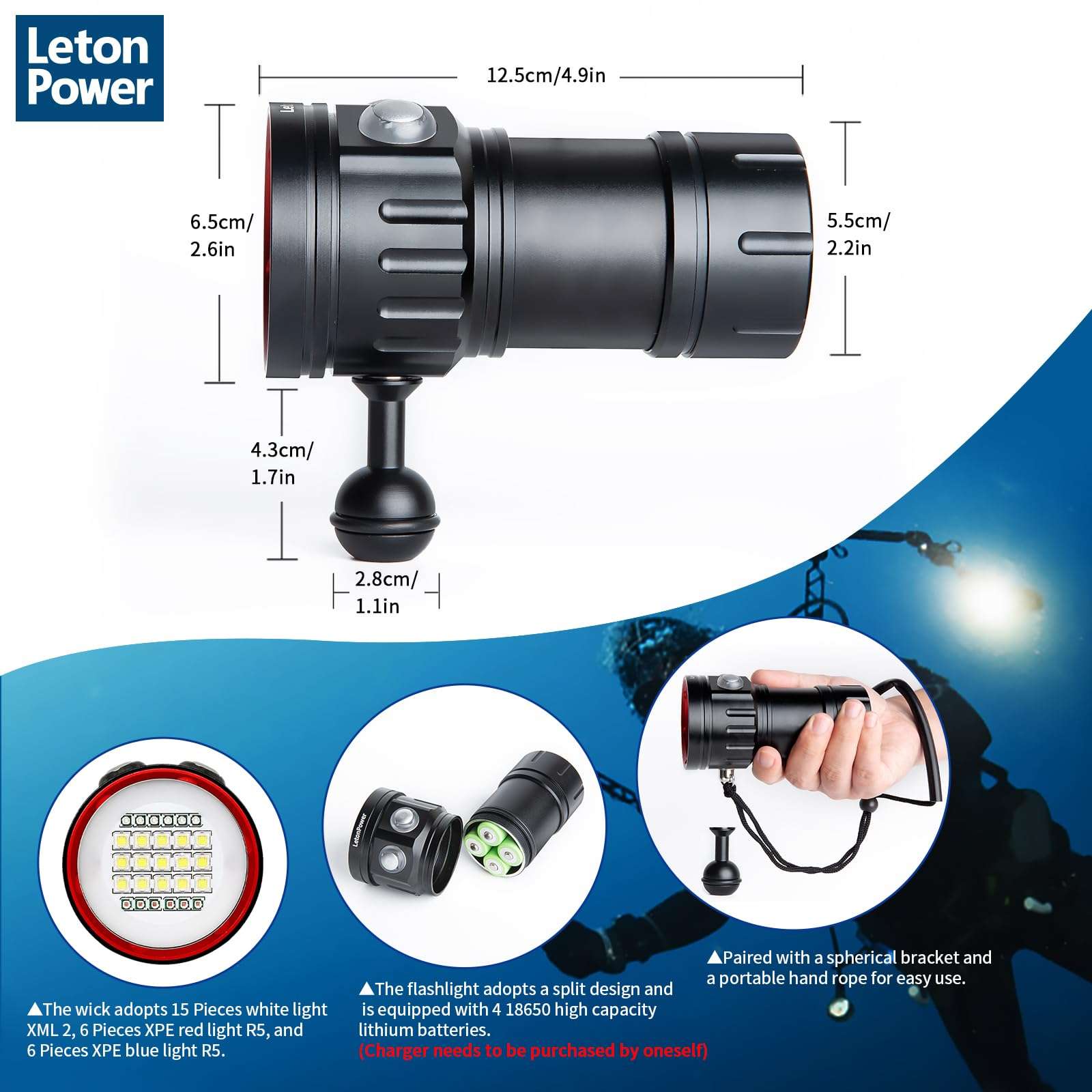 LetonPower B15 Dive Light Underwater Flashlight 8000Lumens Underwater Video Lights 80m Scuba Dive Light Diving Flashlight for Under Water Sports,Underwater Video Shooting and Photography 4
