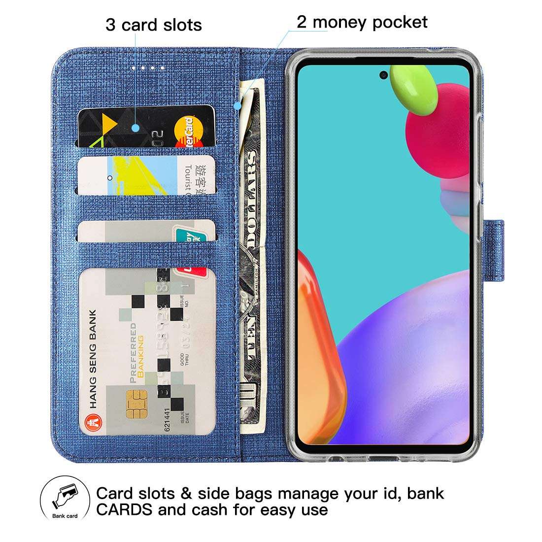 Feitenn Slim Flip Wallet Case for Samsung Galaxy A52 5G Phone Case, Leather Folio Cover Stand Card Slots Holder Magnetic Closure Bumper Shockproof Defender Shell for Samsung Galaxy A52 5G 2021 - Blue 3